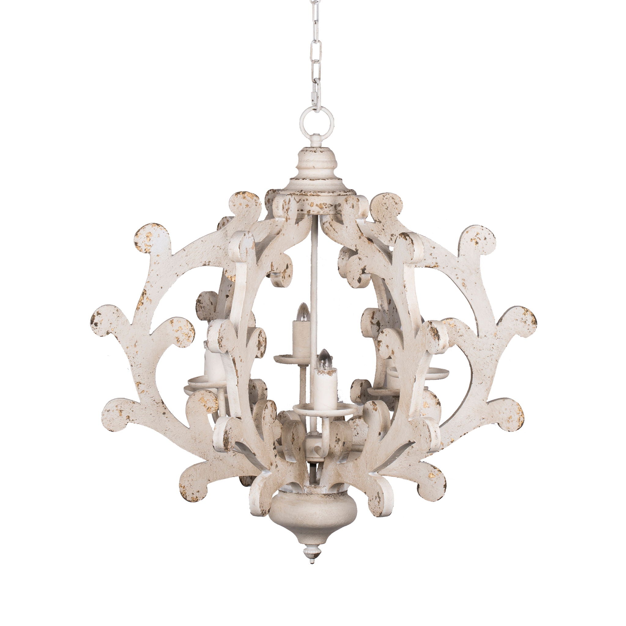 6 Light White Wood and Iron Chandelier with Adjustable Chain