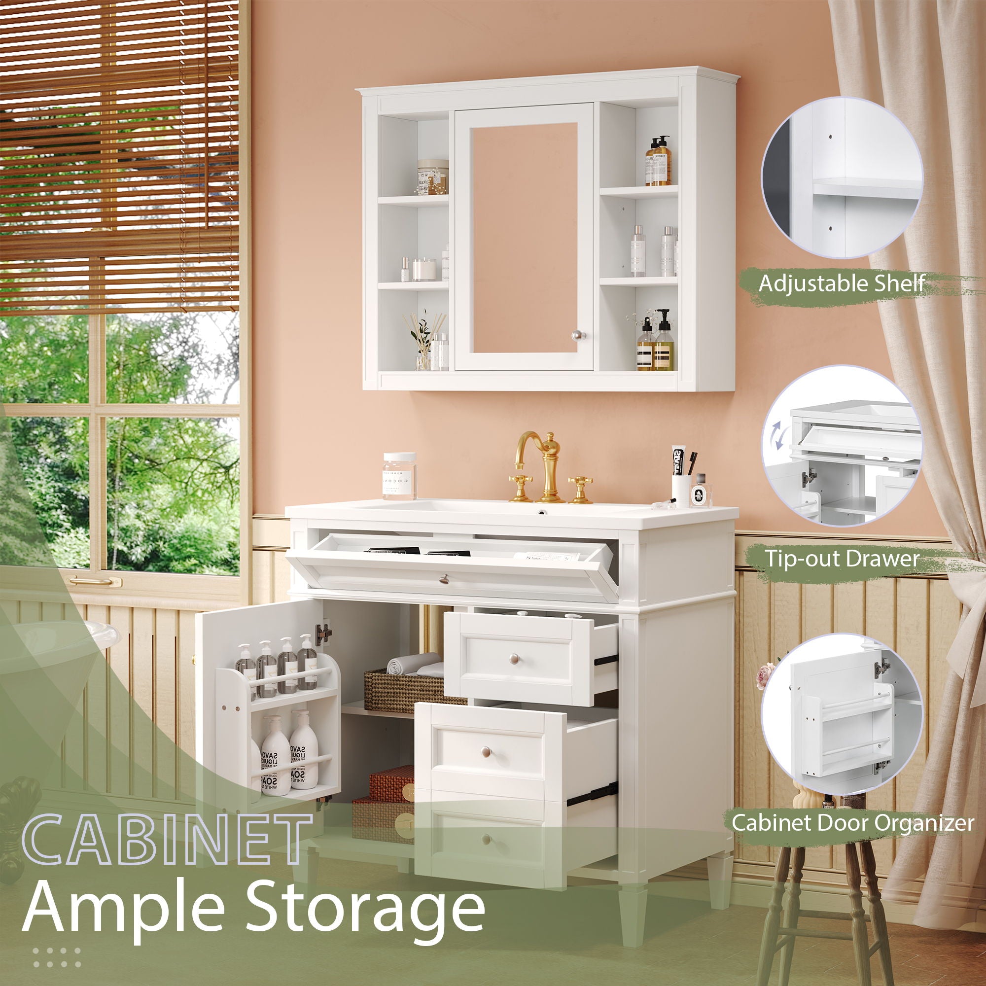 Bathroom Vanity With Top Sink, Storage Cabinet With Mirror, 2 Doors, 3 Drawers, 6 Open Shelves