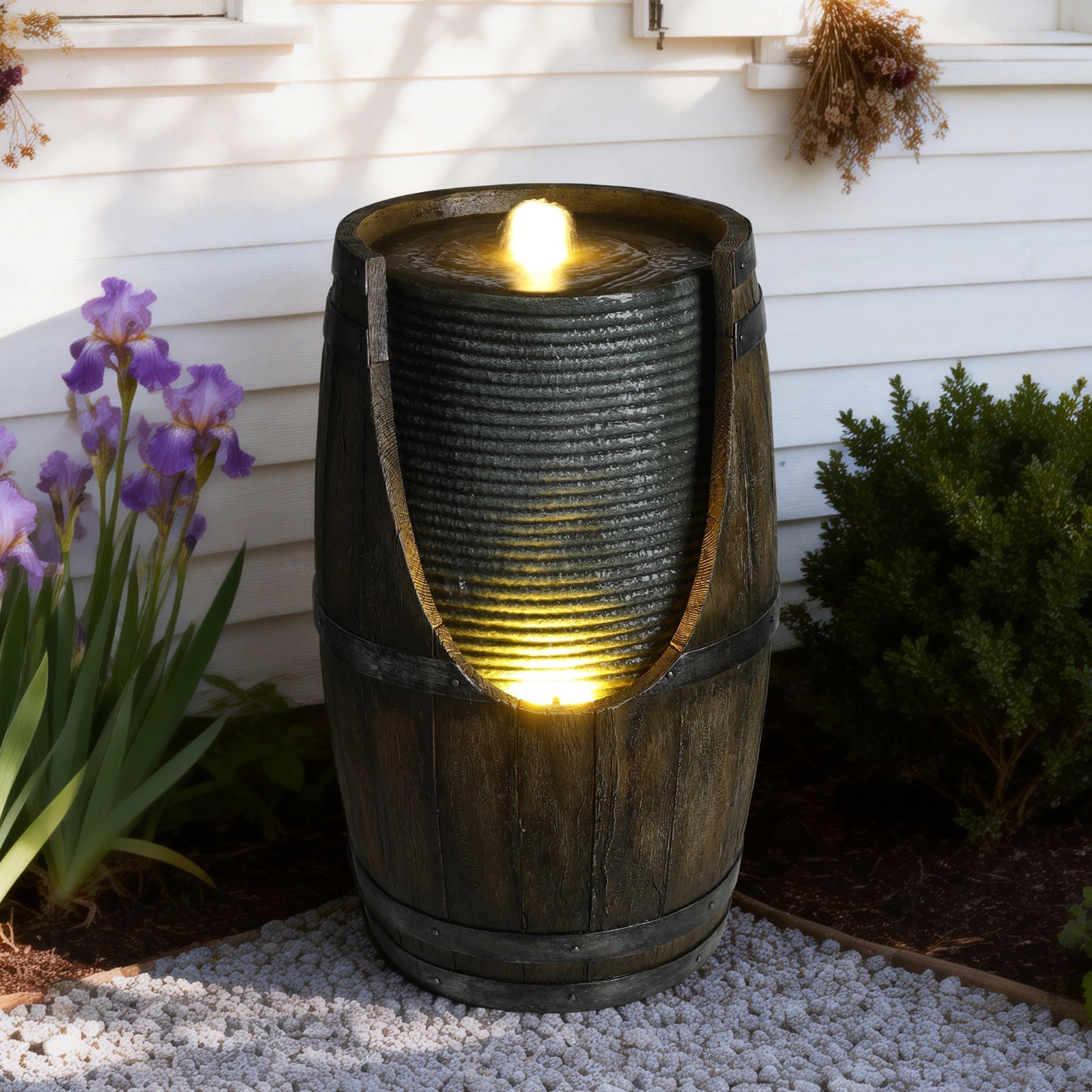 Wooden Barrel Style Outdoor Water Fountain with Lights