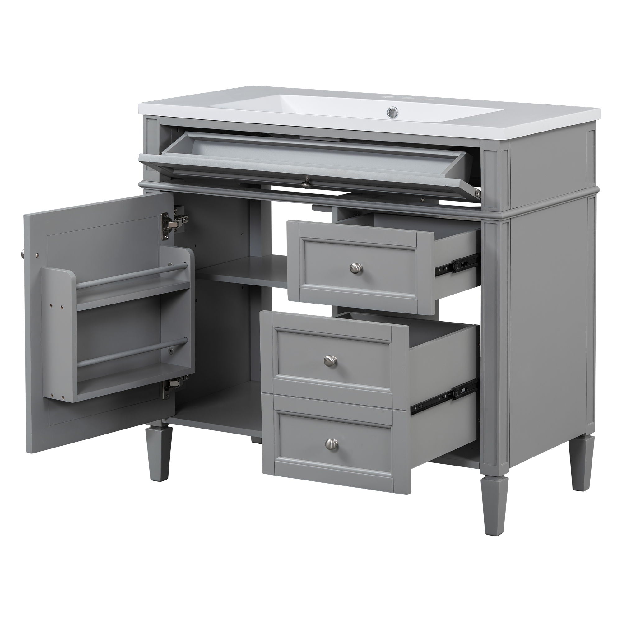 Bathroom Vanity With Top Sink, Storage Cabinet With Mirror, 2 Doors, 3 Drawers, 6 Open Shelves