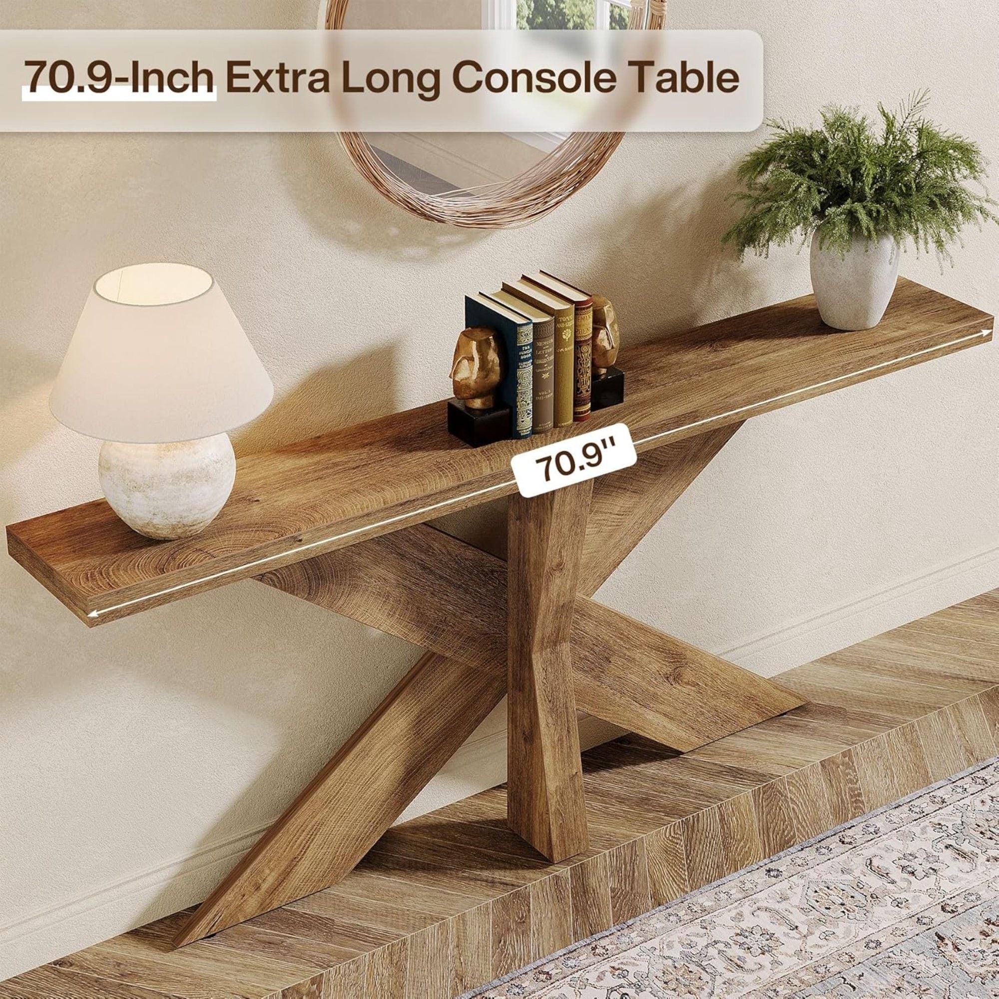 Long Console Table With Geometric Base - Oak