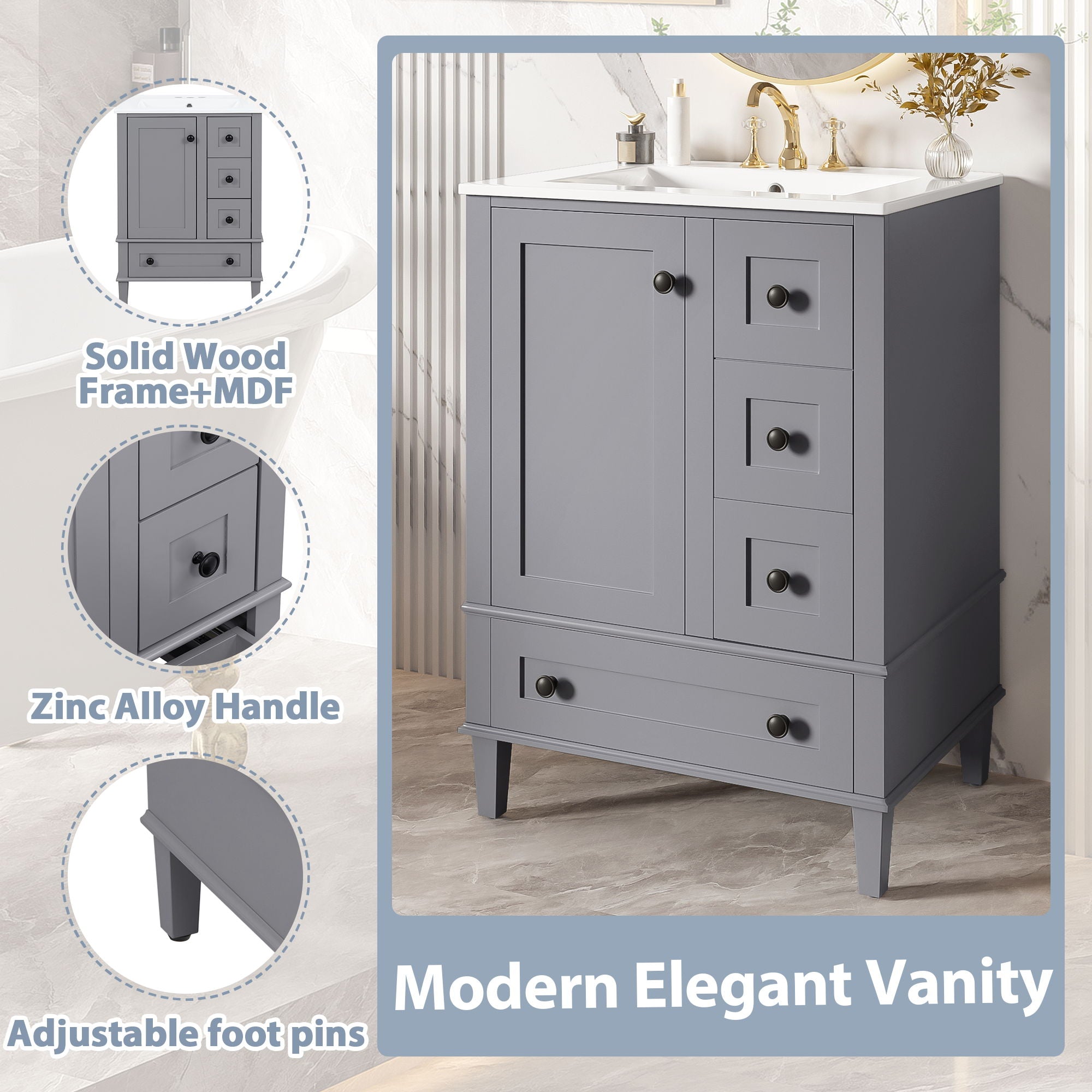 Bathroom Vanity With Integrated Basin, Soft Close Drawers, Door Mounted Double Layer Shelf