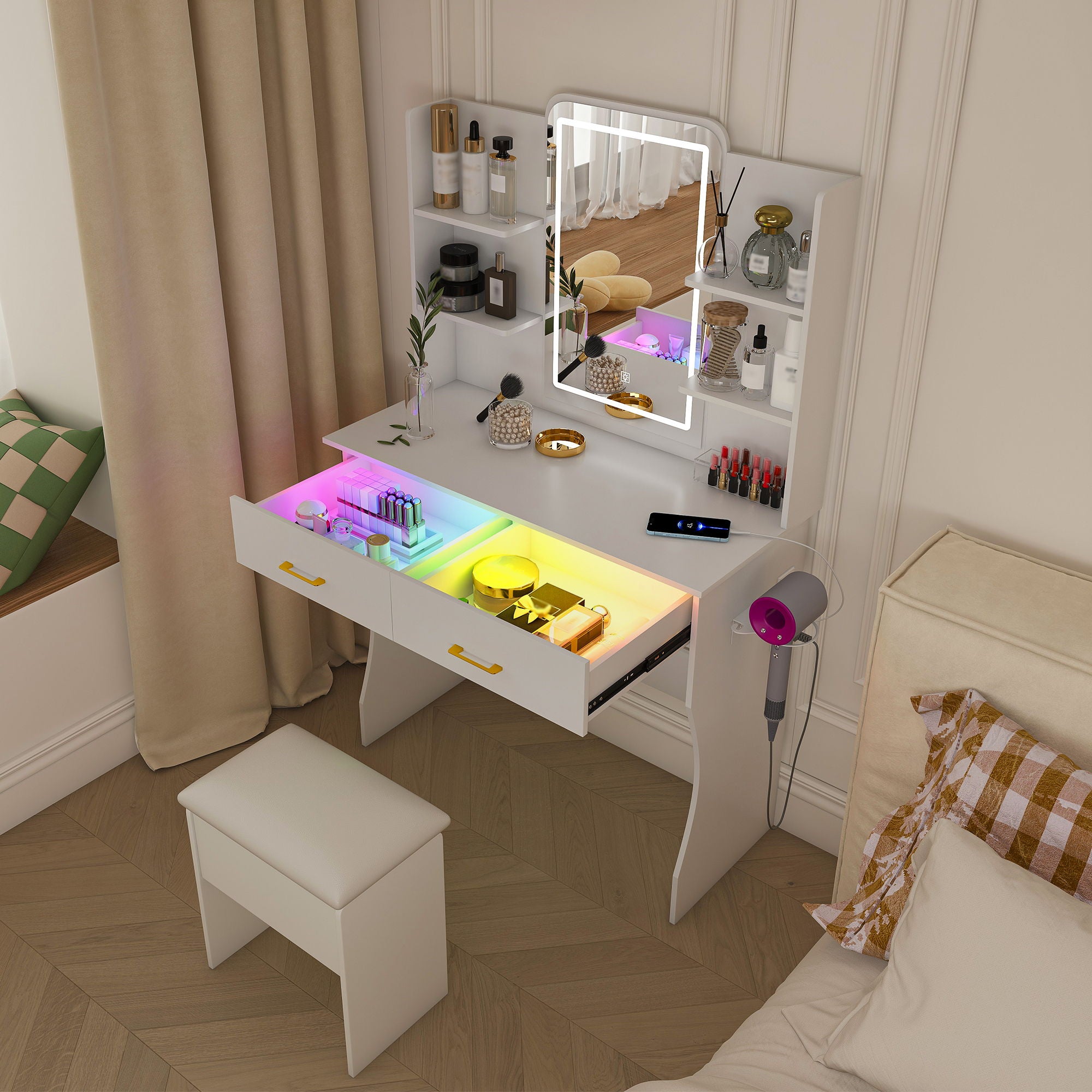 Vanity Desk With LED Lights Mirror, Power Outlet, Storage Drawers & Chair - White