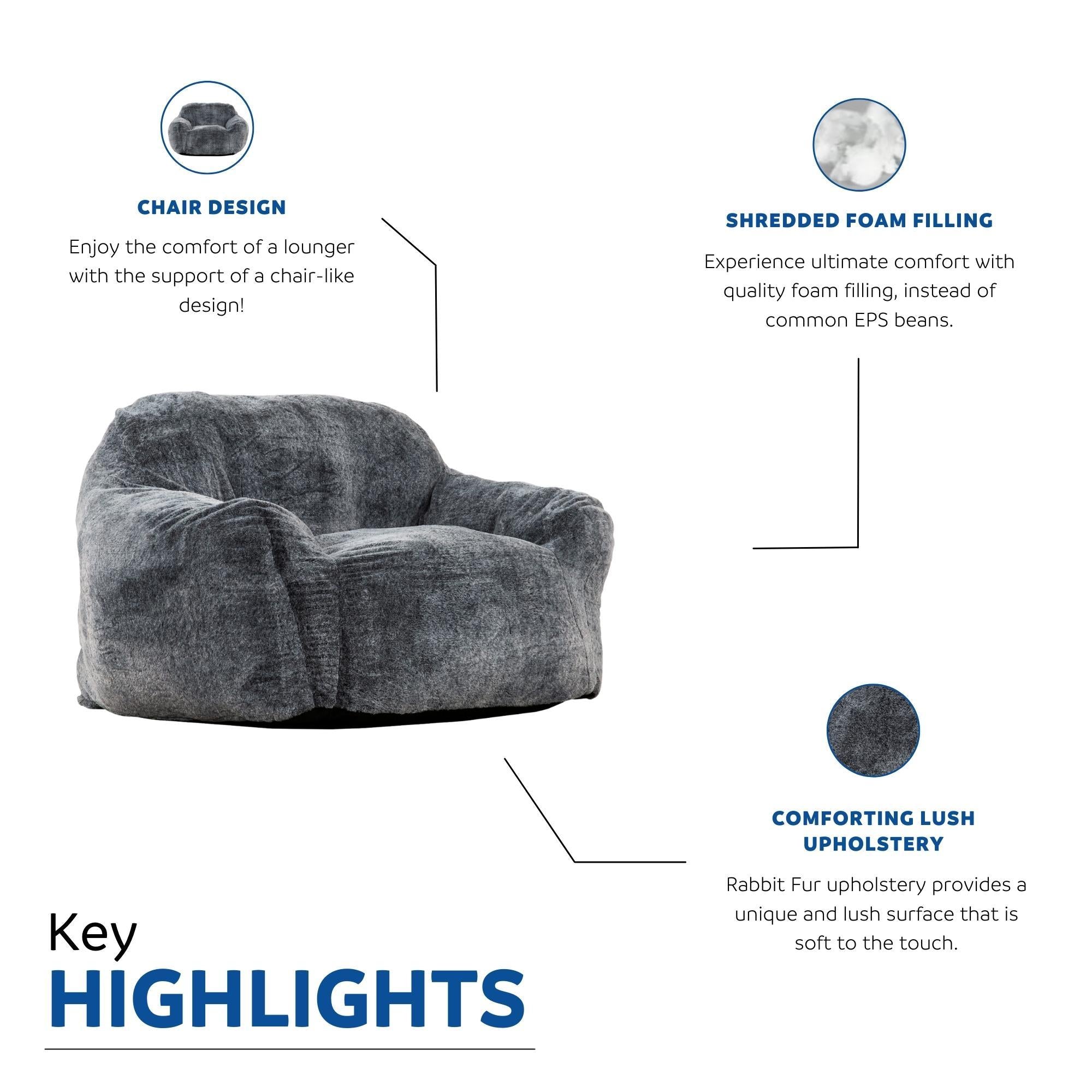 Living Room Bean Bag Sofa Chair With Memory Foam Fillings, Soft Upholstered Bean Bag Armchair - Black / Gray