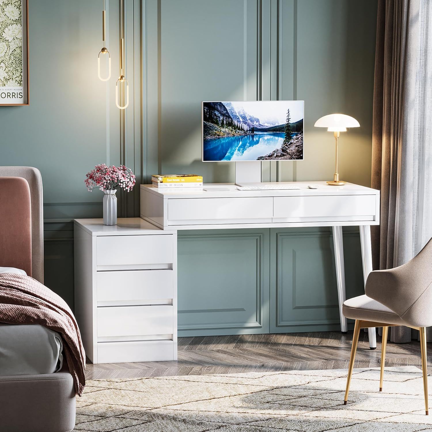 Glossy Desk With 5 Drawers & Printer Stand, Reversible Home Office Computer And Vanity Table For Small Spaces - White