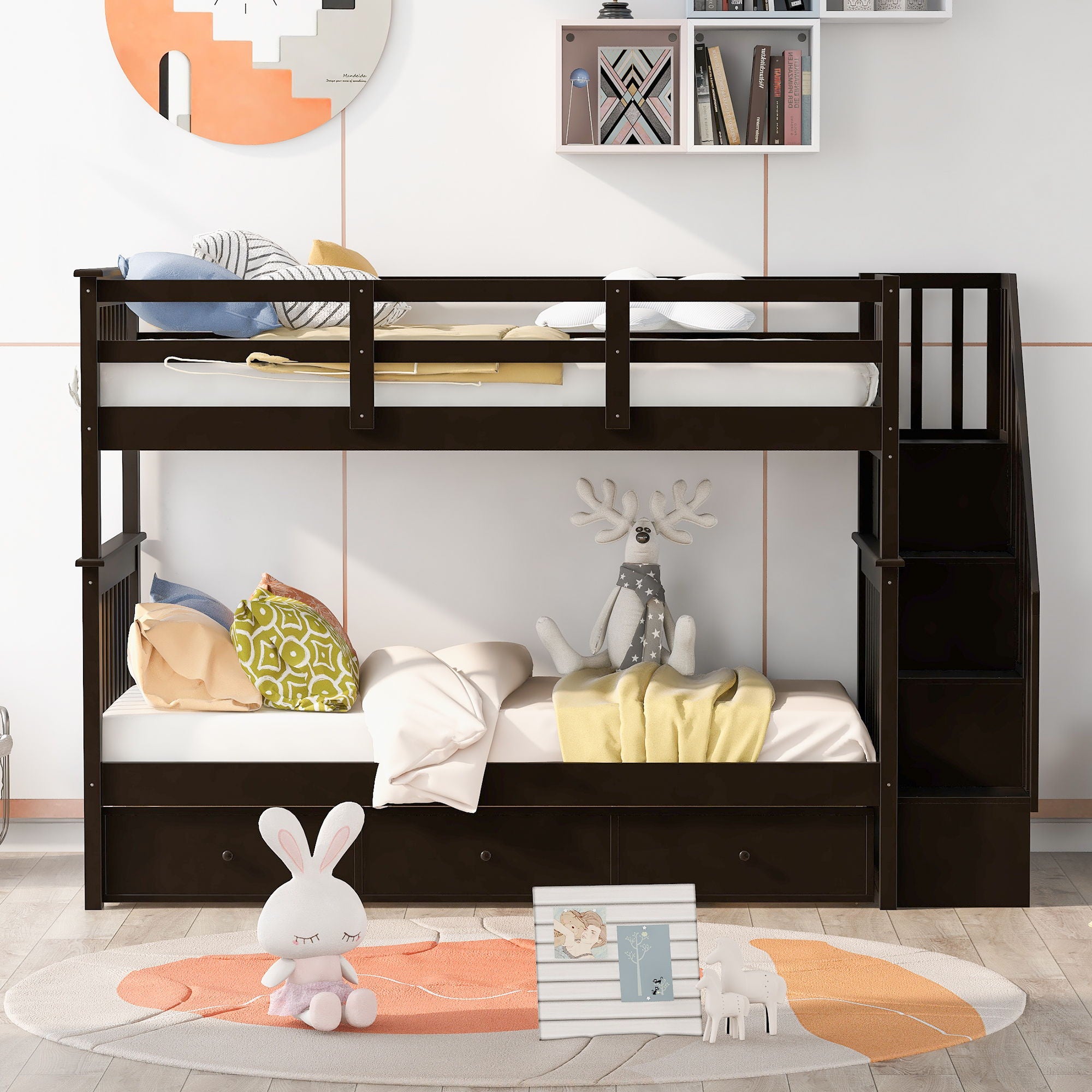 Stairway Bunk Bed With Storage And Guard Rail For Bedroom