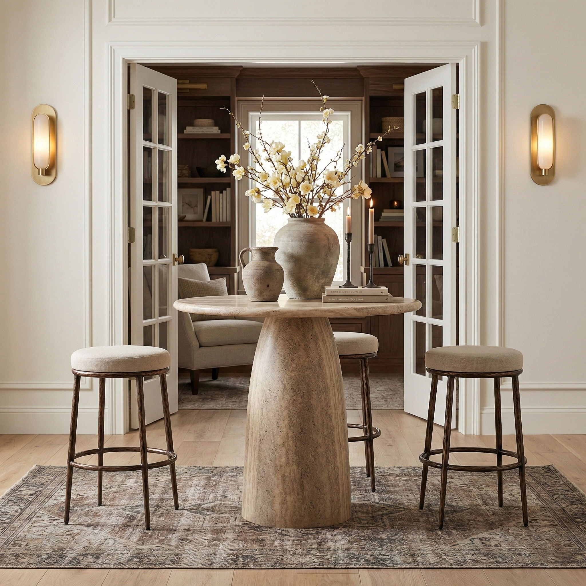 Ferro - Performance Fabric Upholstered Backless Bar Stool - Cream / Antique Bronze
