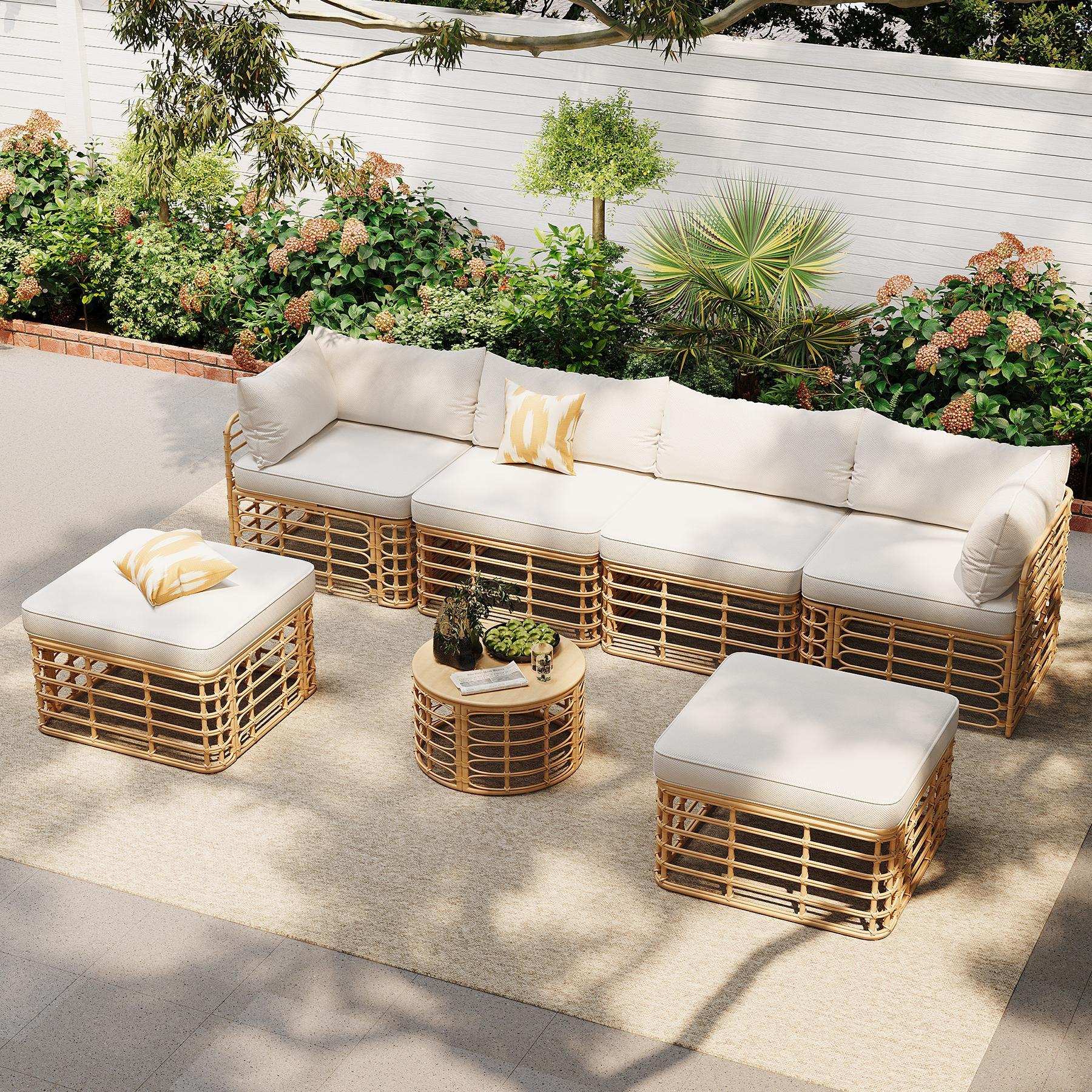 7 Piece Rattan Sectional Sofa Set, Outdoor Patio Furniture, Beige