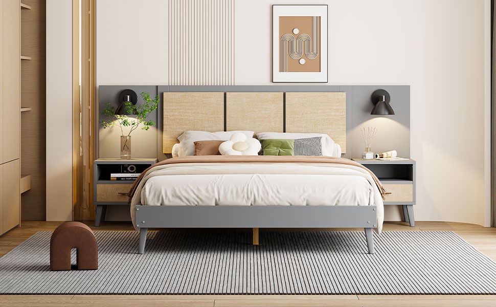 Bed Frame With 2 Nightstands Elegant Design With Lamps