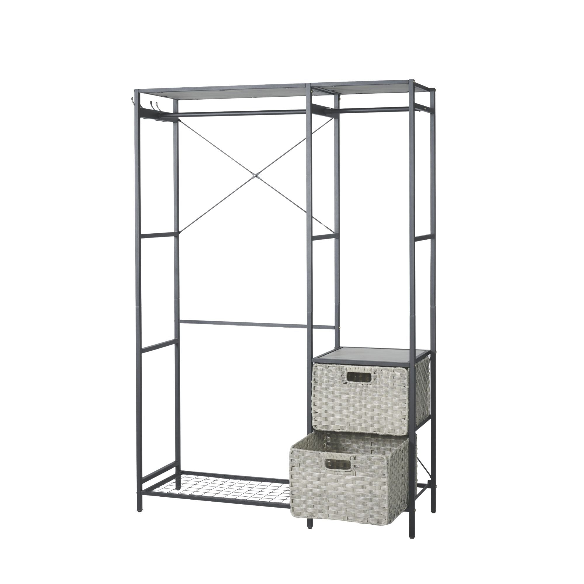 Garment Rack With Shelves, 2 Wicker Drawers, 4 Hooks, Organizer