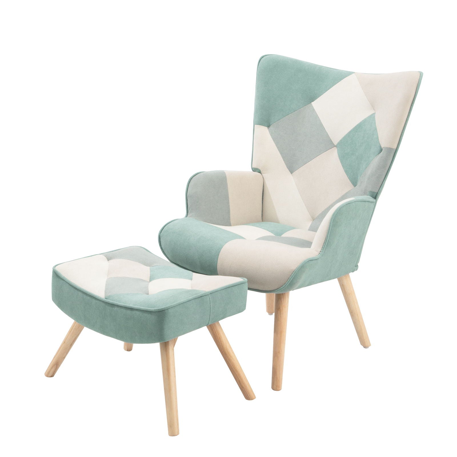 Accent Chair With Ottoman, Living Room Chair And Ottoman Set, Comfy Side Armchair For Bedroom, Creative Splicing Cloth Surface - Blue