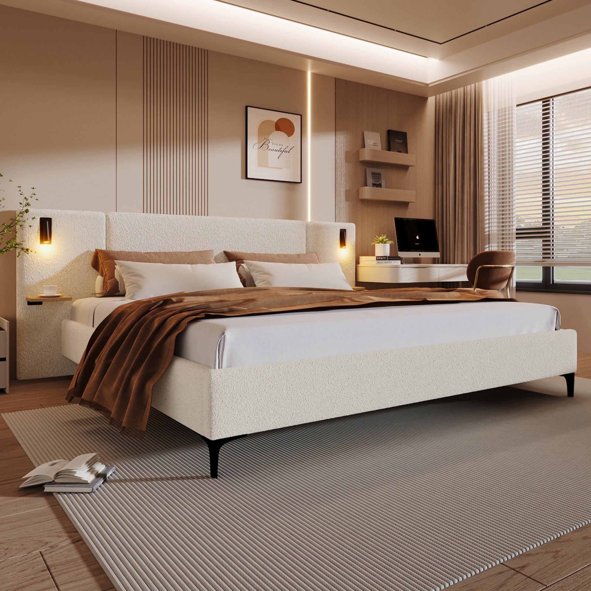 Chic Boucle Upholstered Bed with Integrated Lights and Shelves, White, King - Best Buy Furniture