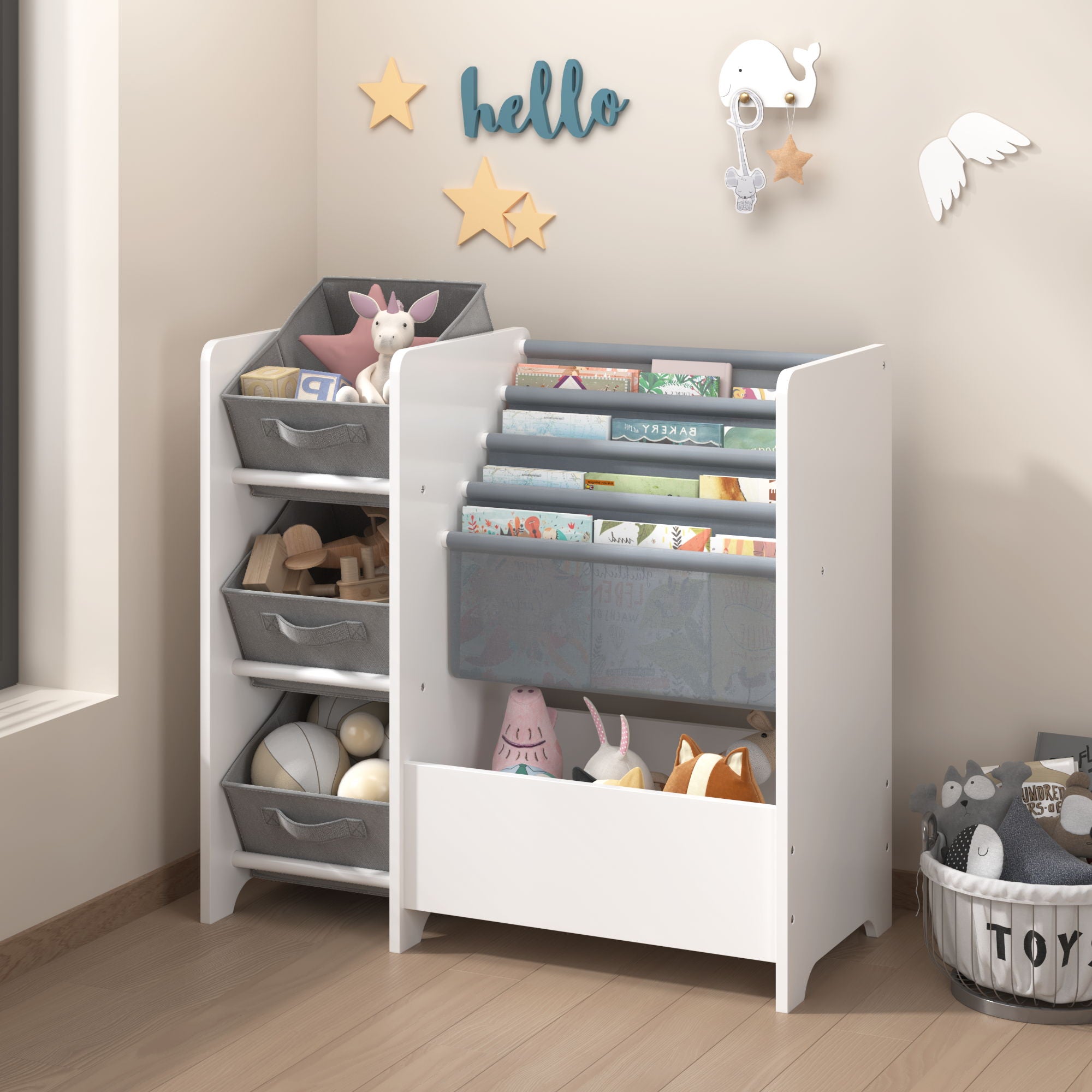 Bookshelf And Toy Storage Organizer, Multifunctional 4 Tier With 3 Collapsible Drawers - White
