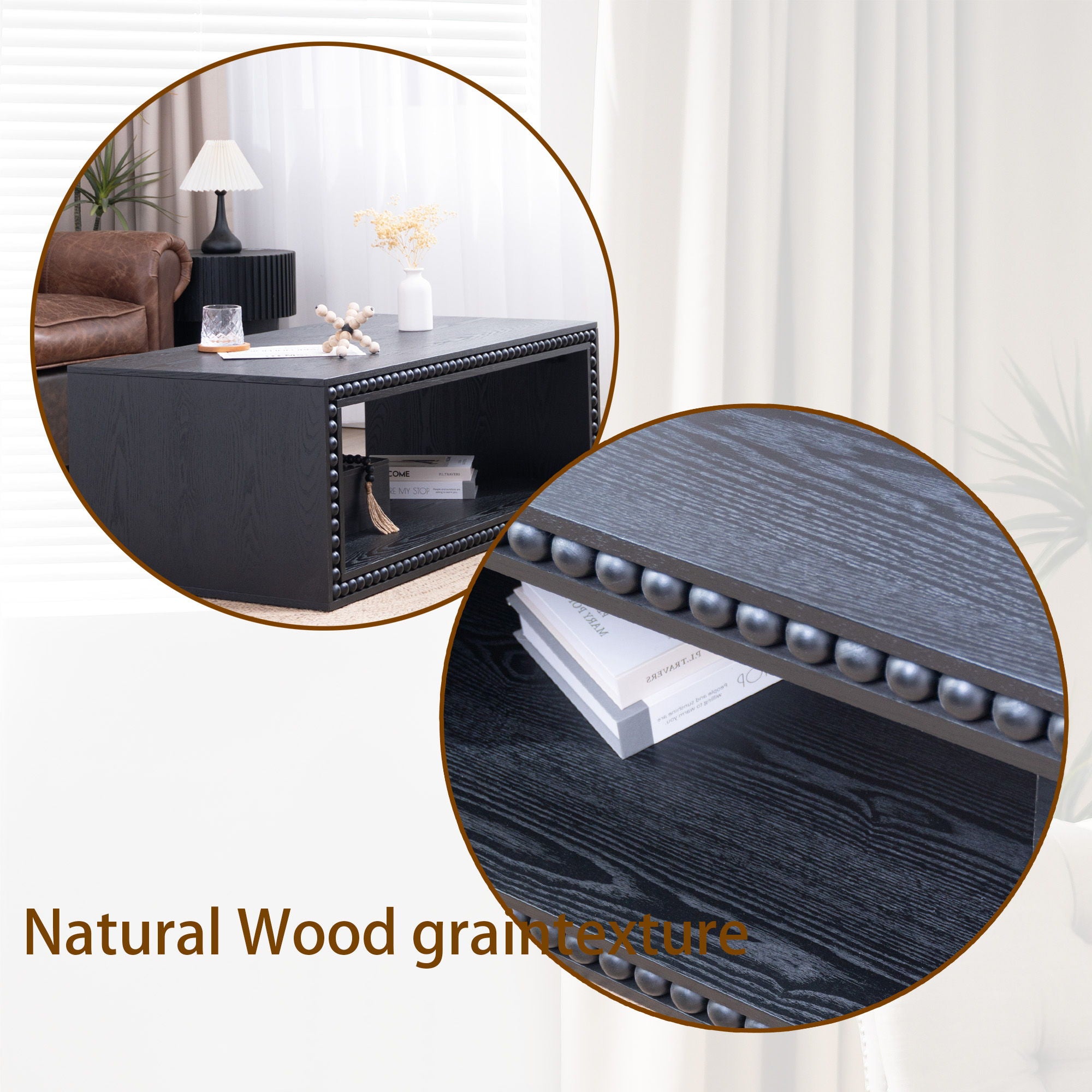 Beaded Edge Coffee Table, Rectangular Center Table With Open Storage Shelf - Black