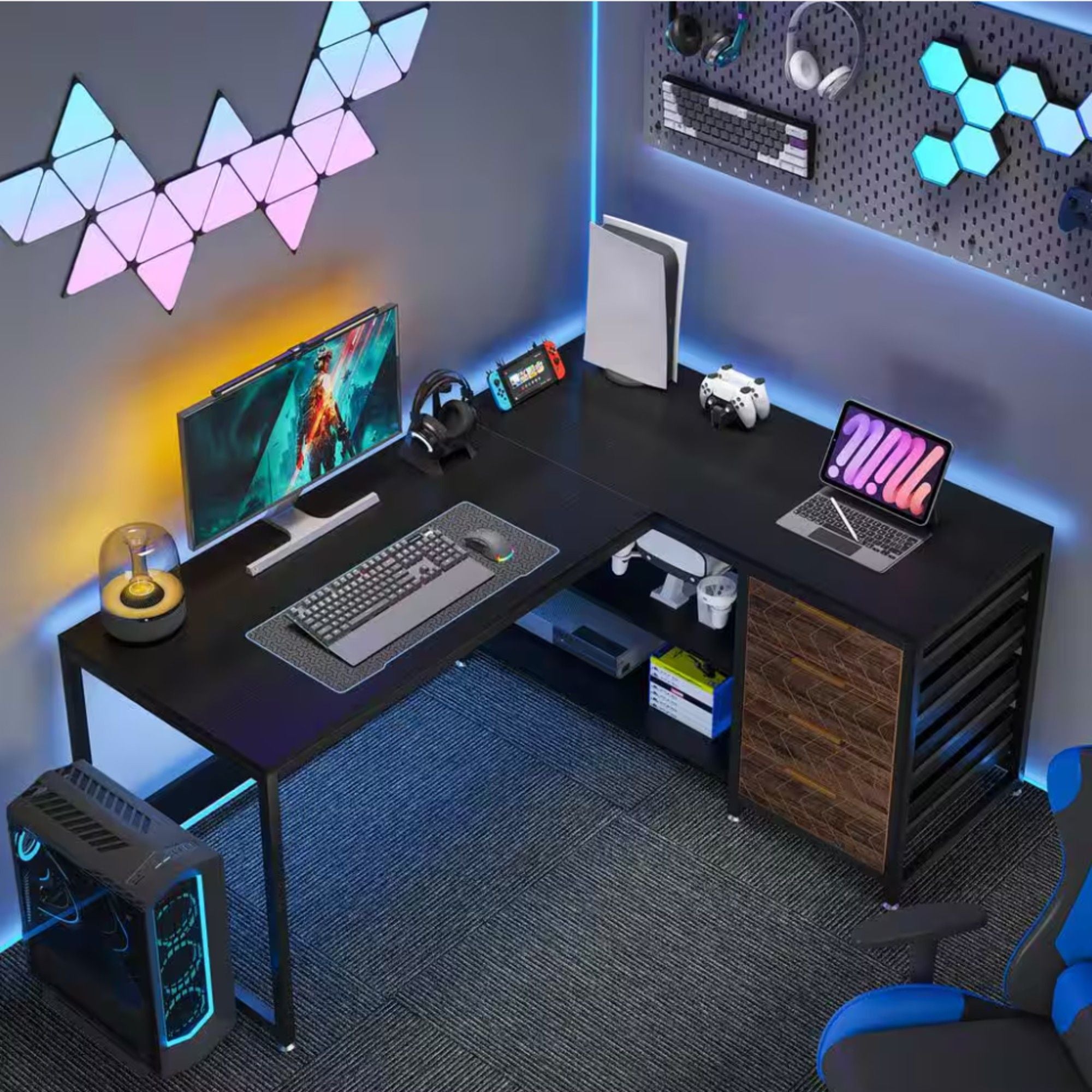 L-Shaped Computer Desk With Drawers And Shelves, Workstation For Home Office