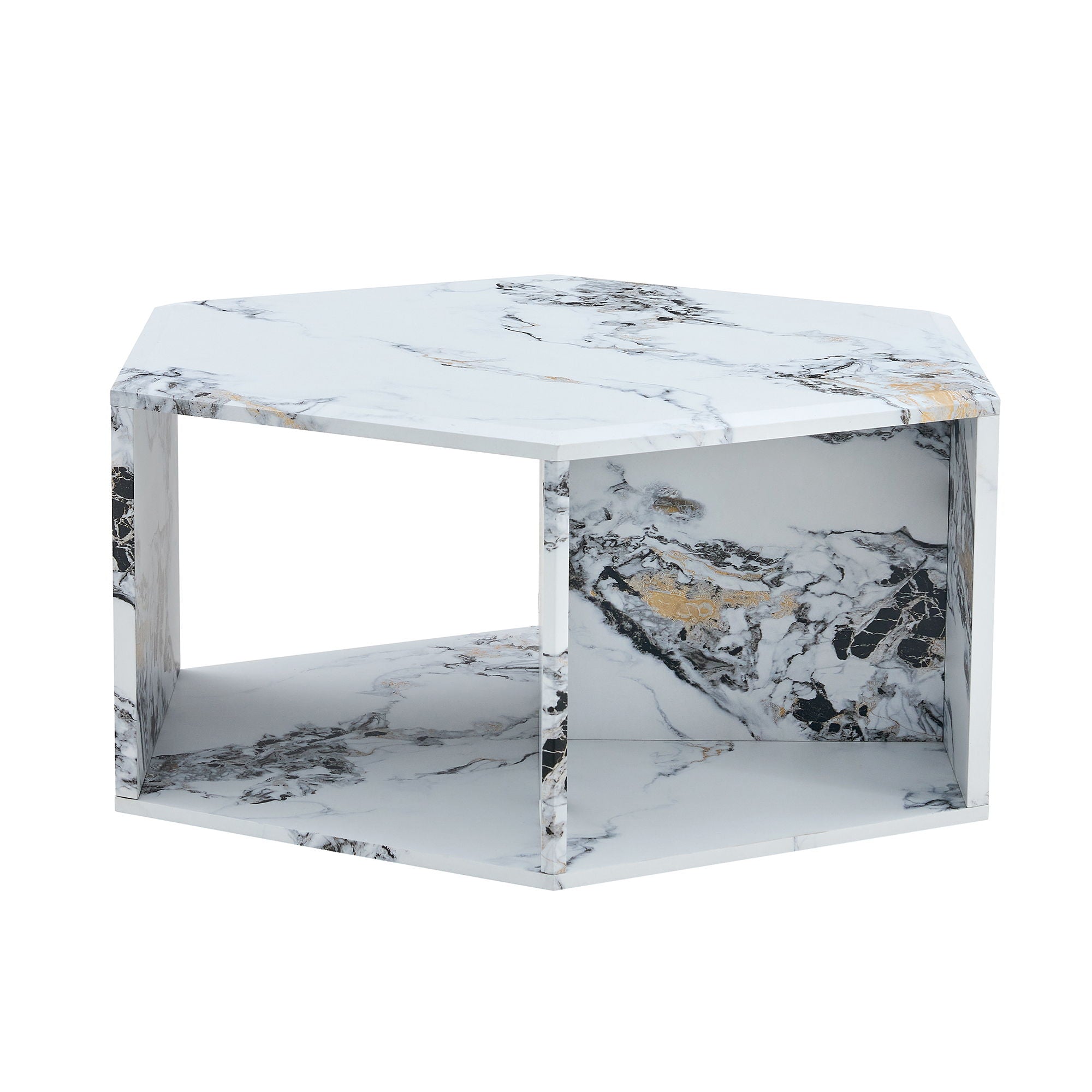 Hexagonal Coffee Table With Characteristic Pattern Stickers And Multi-Hole Design For Extra Storage