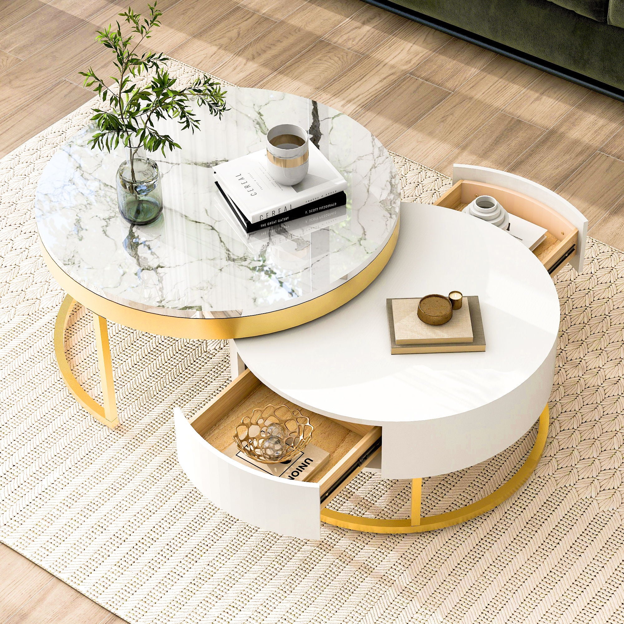 Round Nesting Coffee Table With Drawers - Golden / White
