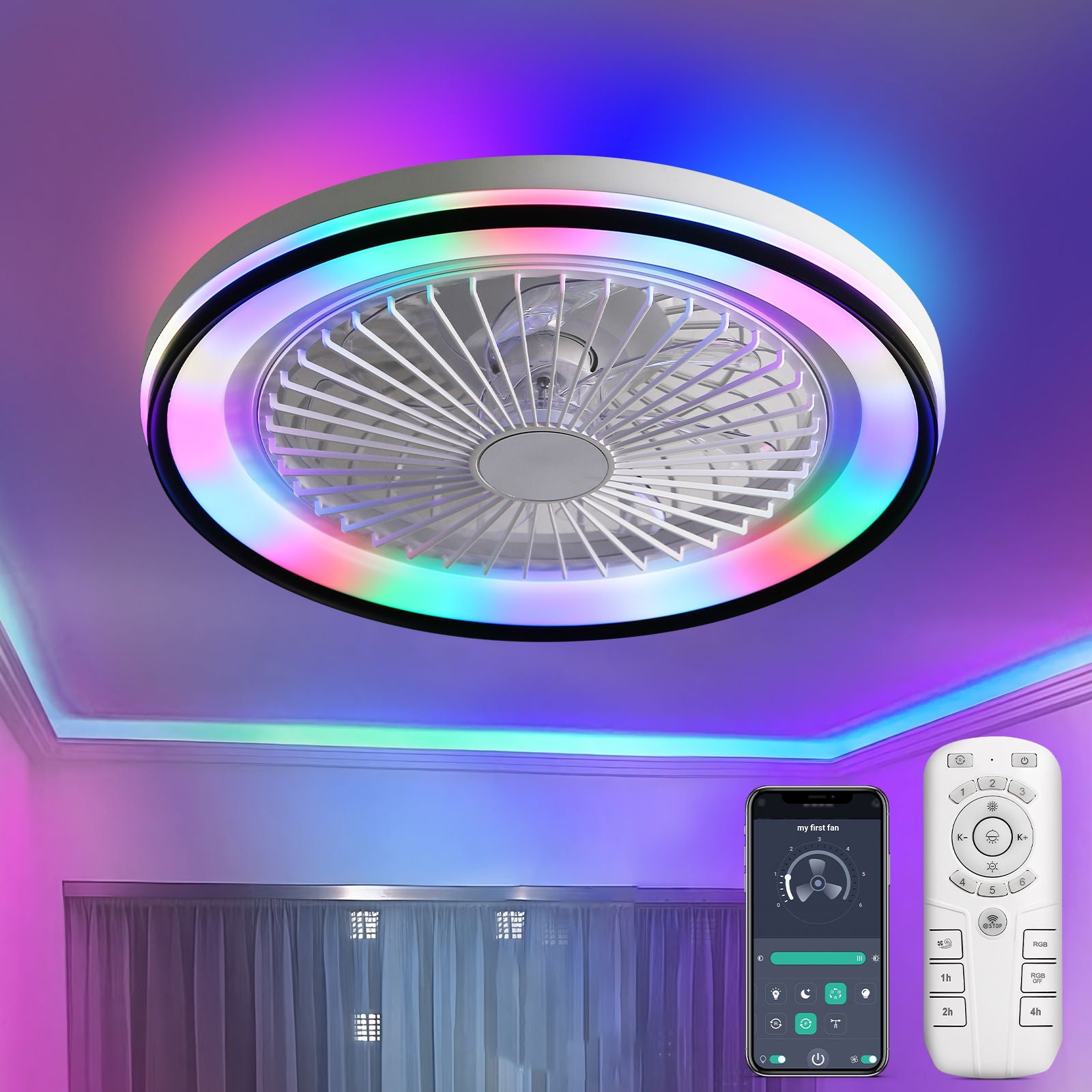 RGB Dimmable LED Bladeless Ceiling Fan With Remote Control, Flush Mount - White