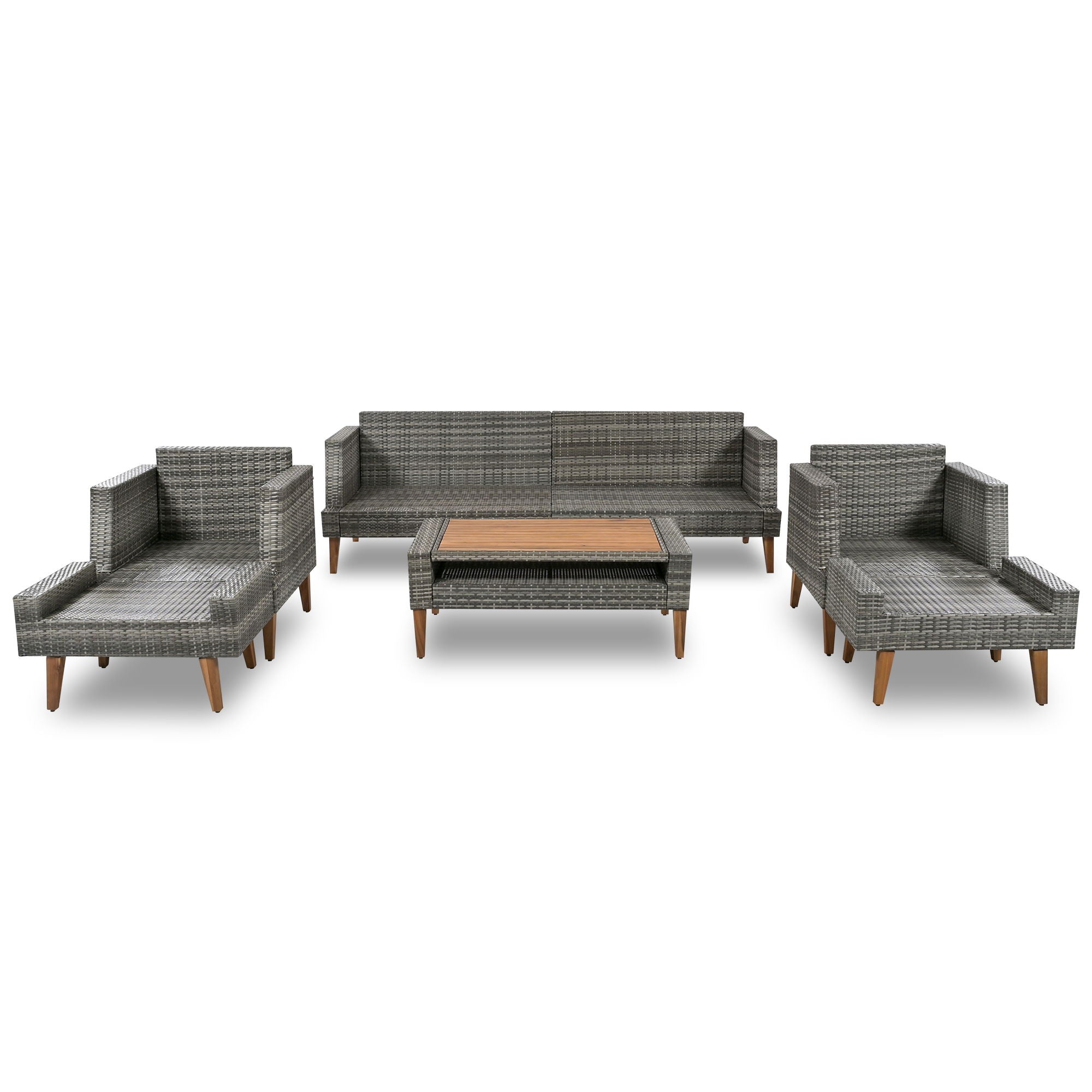 6 Pieces All Weather Sofa Set, Outdoor Rattan Sofa With Double Cushions