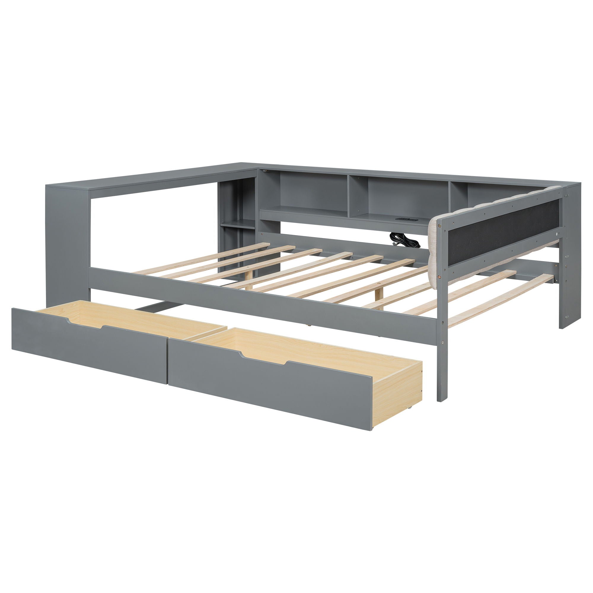 Upholstered Headboard Platform Bed With Storage Shelves, Drawers, Charging Station