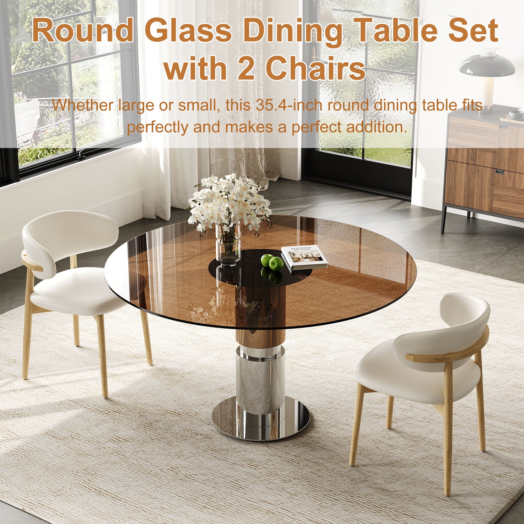 Round Glass Dining Table With Stainless Steel Legs And Chairs