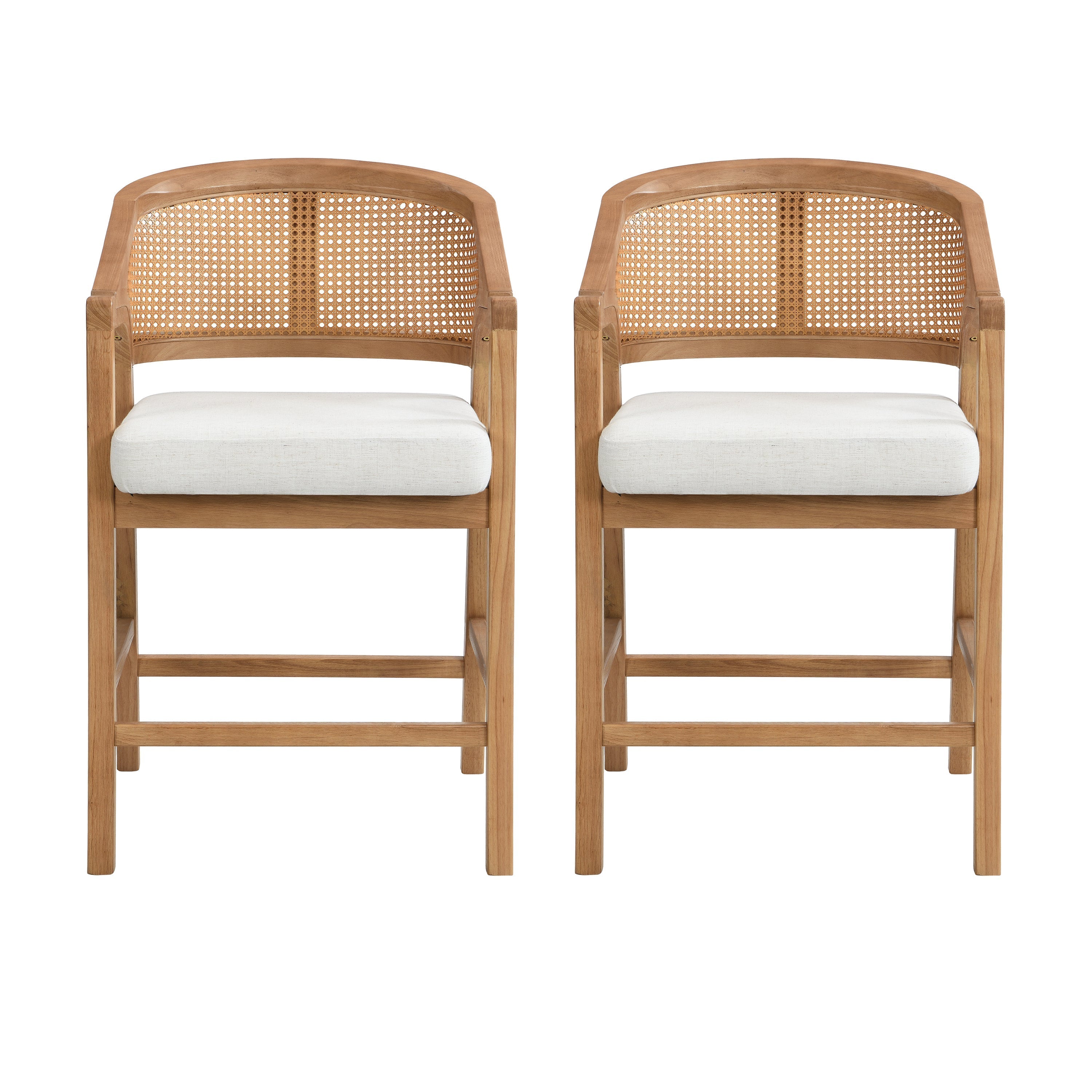 Wooden Frame Counter Stool with Rattan Back - Set of 2