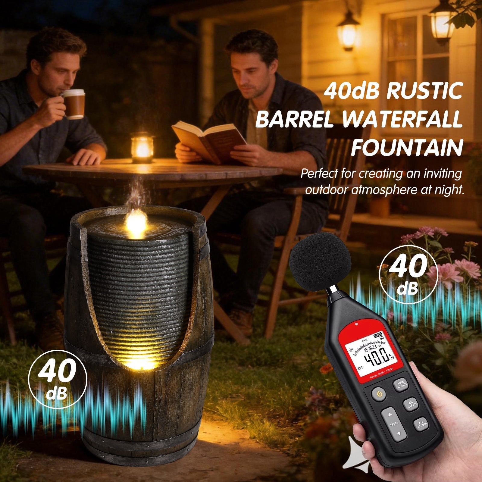 Wooden Barrel Style Outdoor Water Fountain with Lights