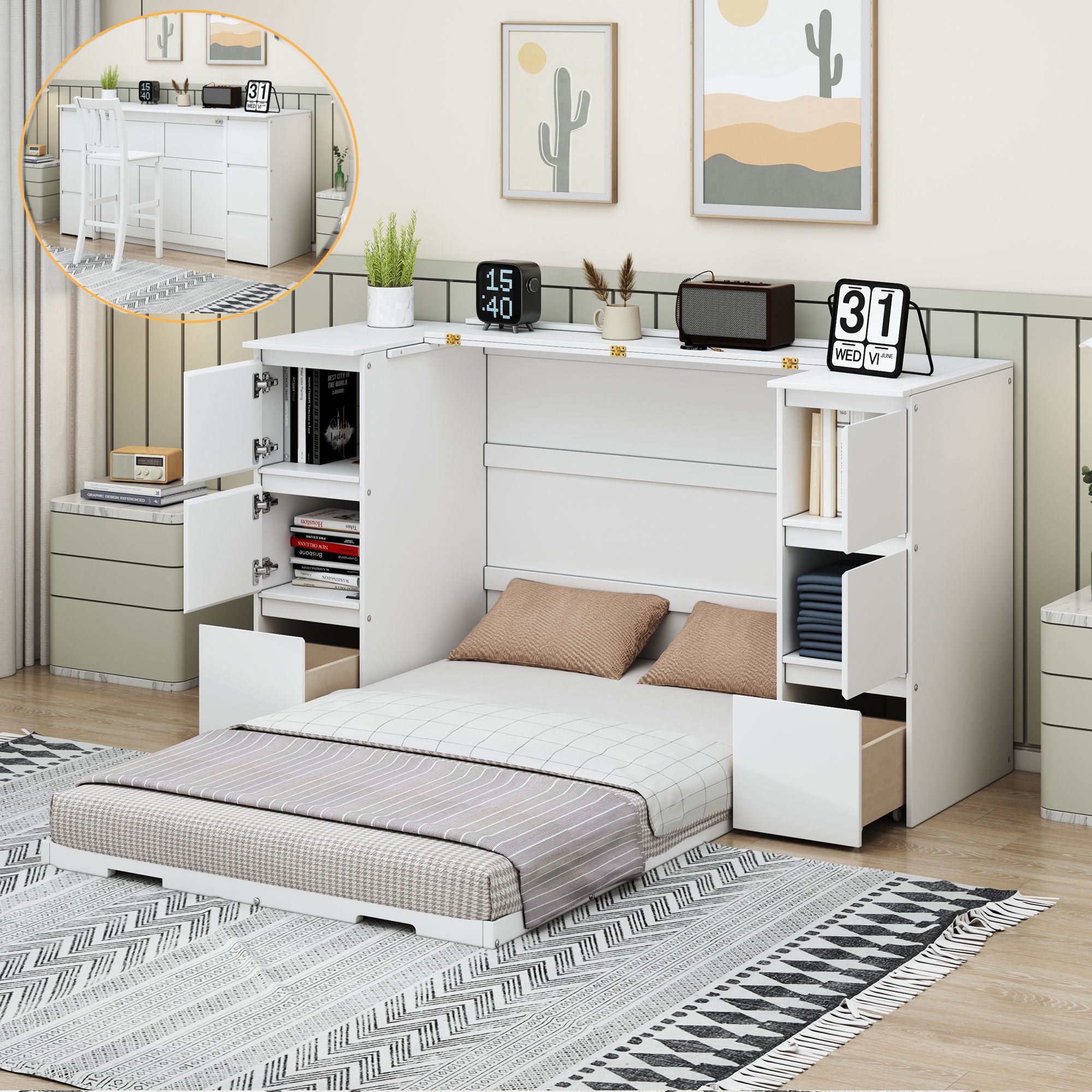 Murphy Bed With Drawers, Cabinets, And USB Ports
