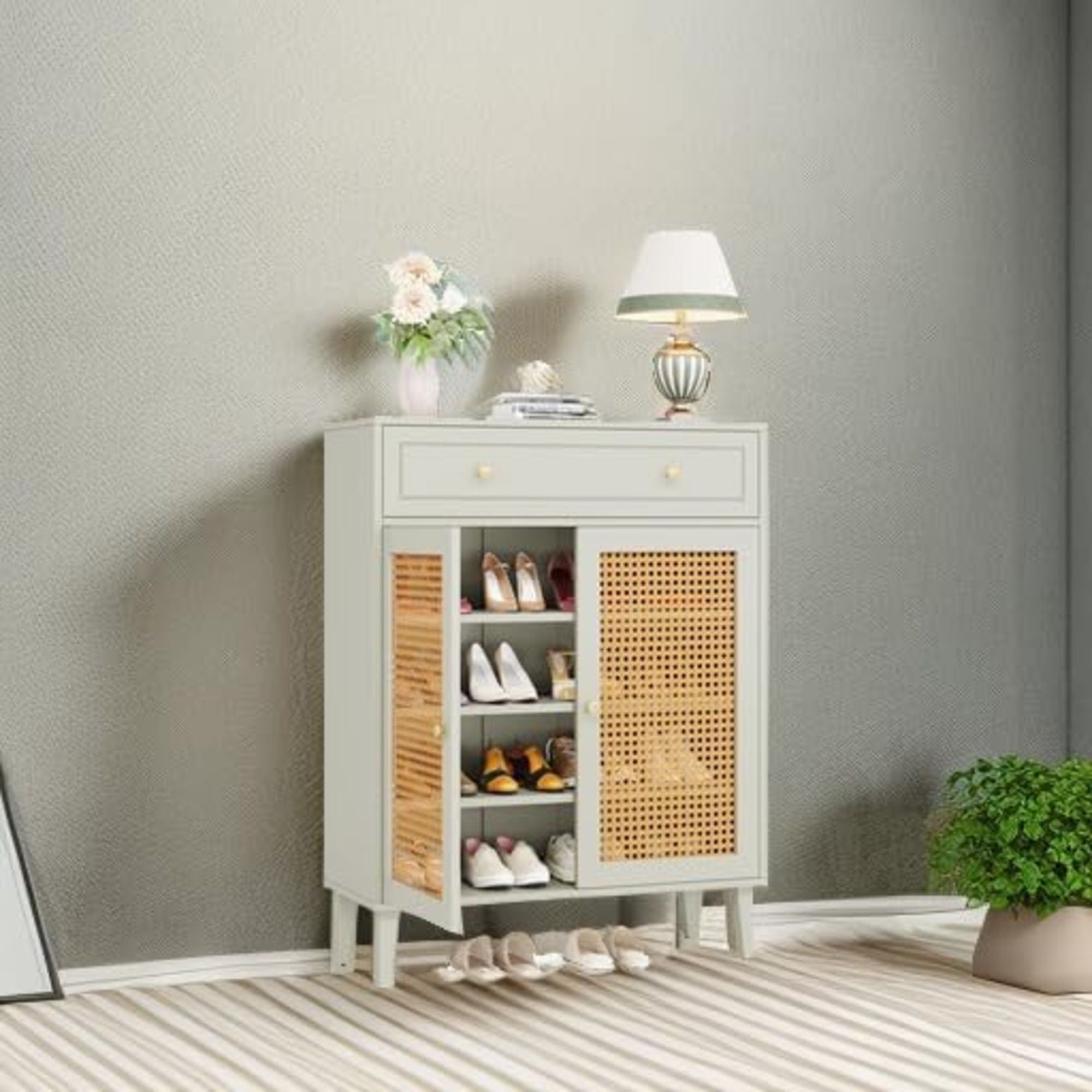 Shoe Cabinet With Rattan Doors And Drawer, 4 Tier Storage Organizer - Mint Green