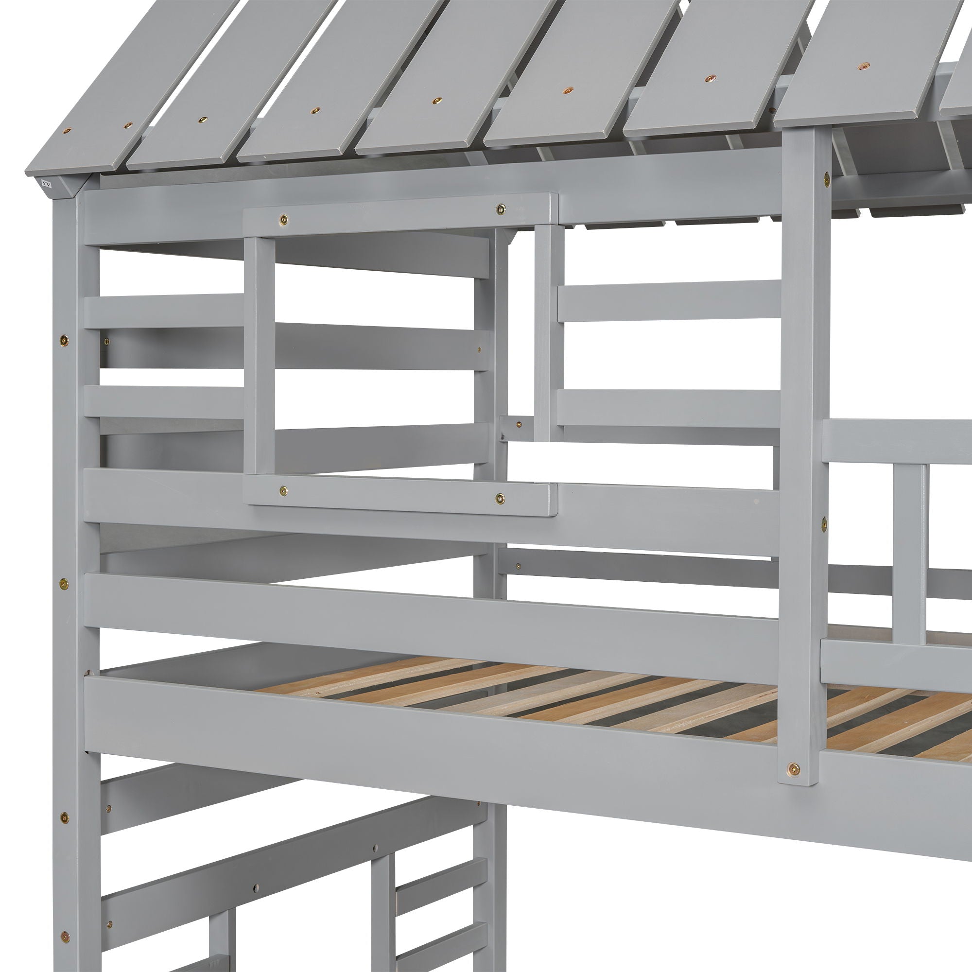 House Bunk Bed With Trundle, Storage Staircase, Roof And Window Design