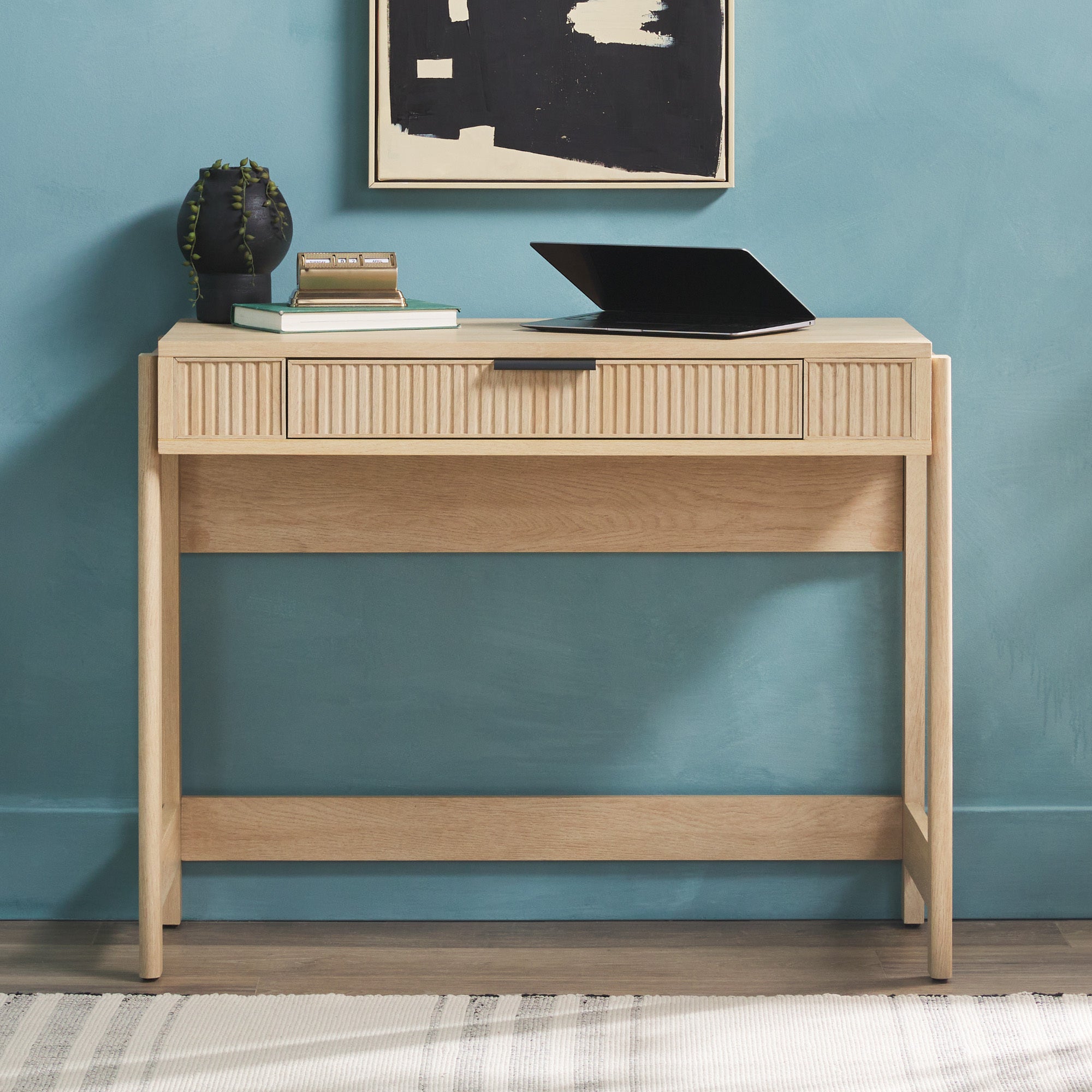 Transitional Reeded Lift-Top Desk with Drawer - Oak