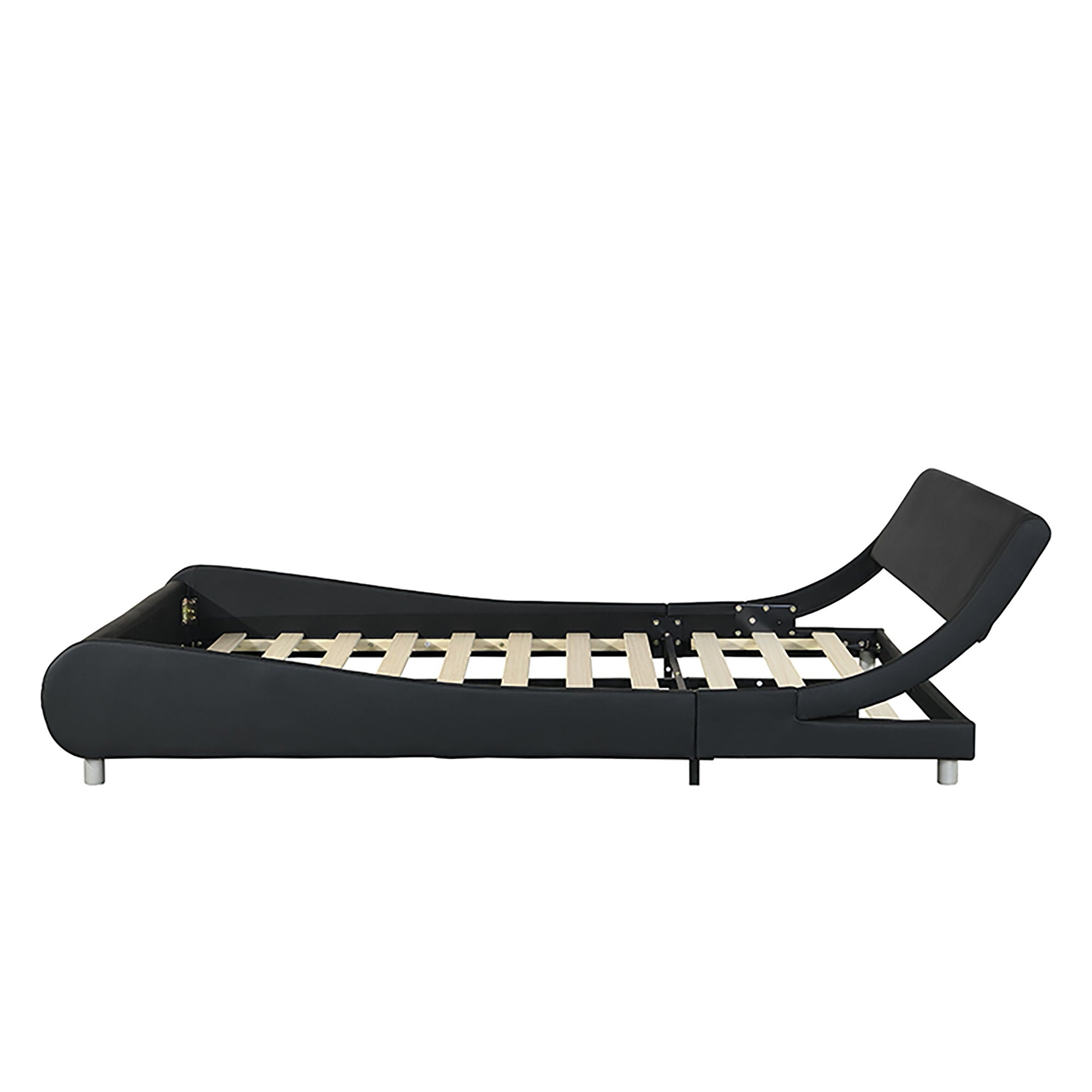 Queen Size Upholstered Platform Bed Frame With LED Lighting, Curve Design, Slat Support, No Box Spring Needed - Black
