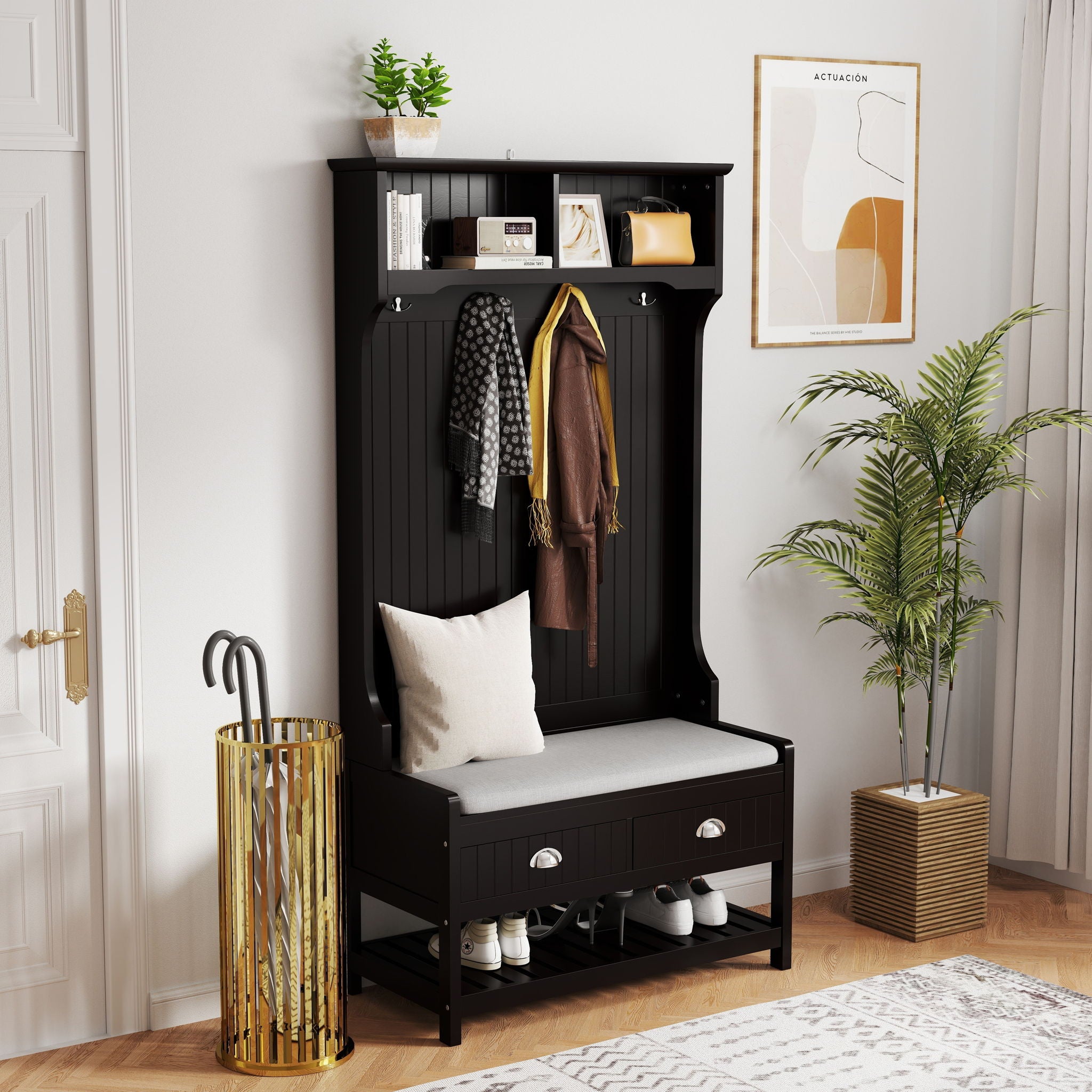Modern 3 In 1 Hallway Hall Tree With Storage Drawers, Coat Rack, Shoe Rack Bench And Cushion