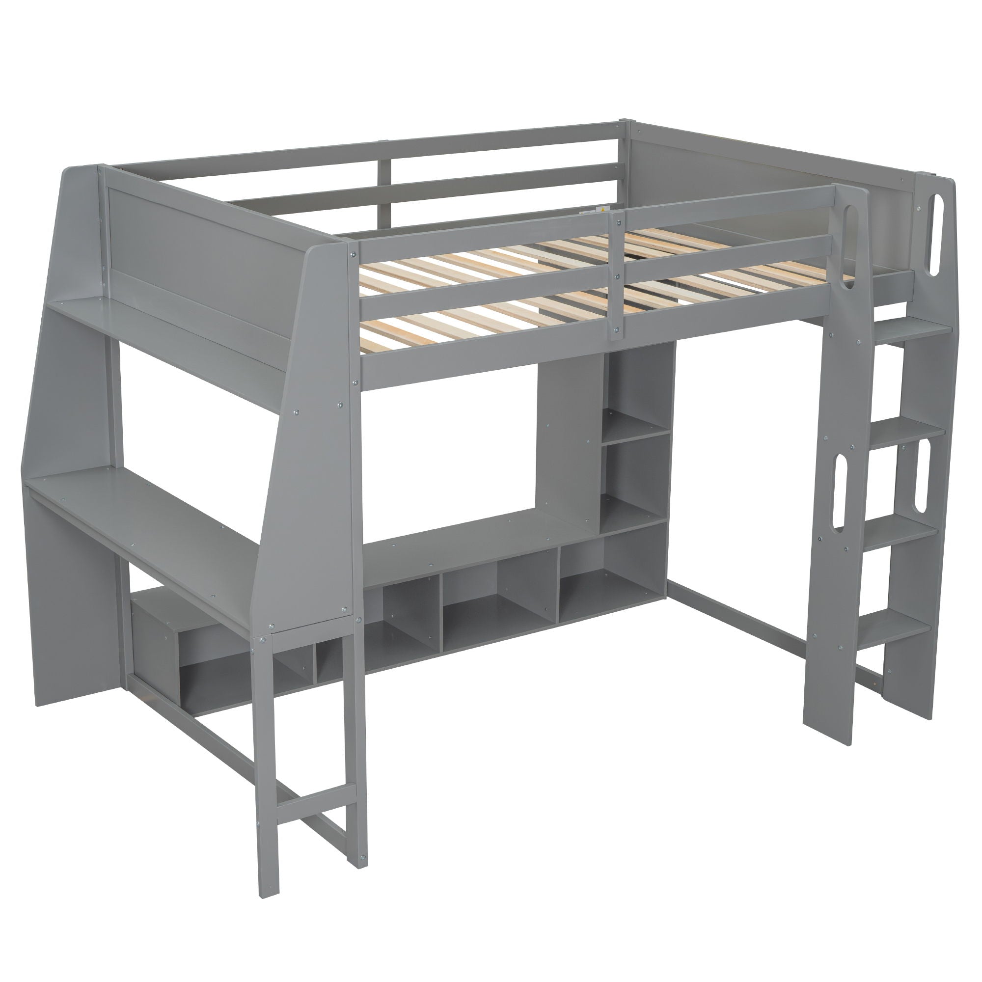 Full Size Gaming Loft Bed With Desk, Multi Storage Shelves, LED Lighting, And Hanging Clothes Rack - Gray