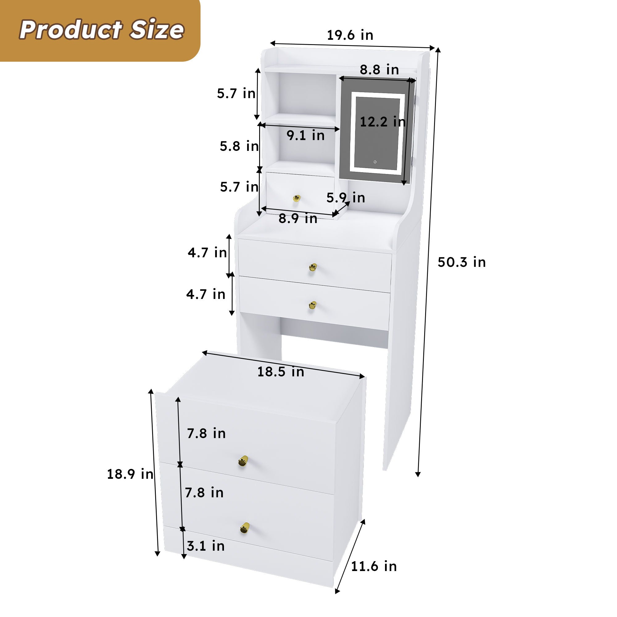 3 In 1 Dressing Table With LED Mirror & Storage Stool, Compact Makeup Vanity - White - Best Buy Furniture