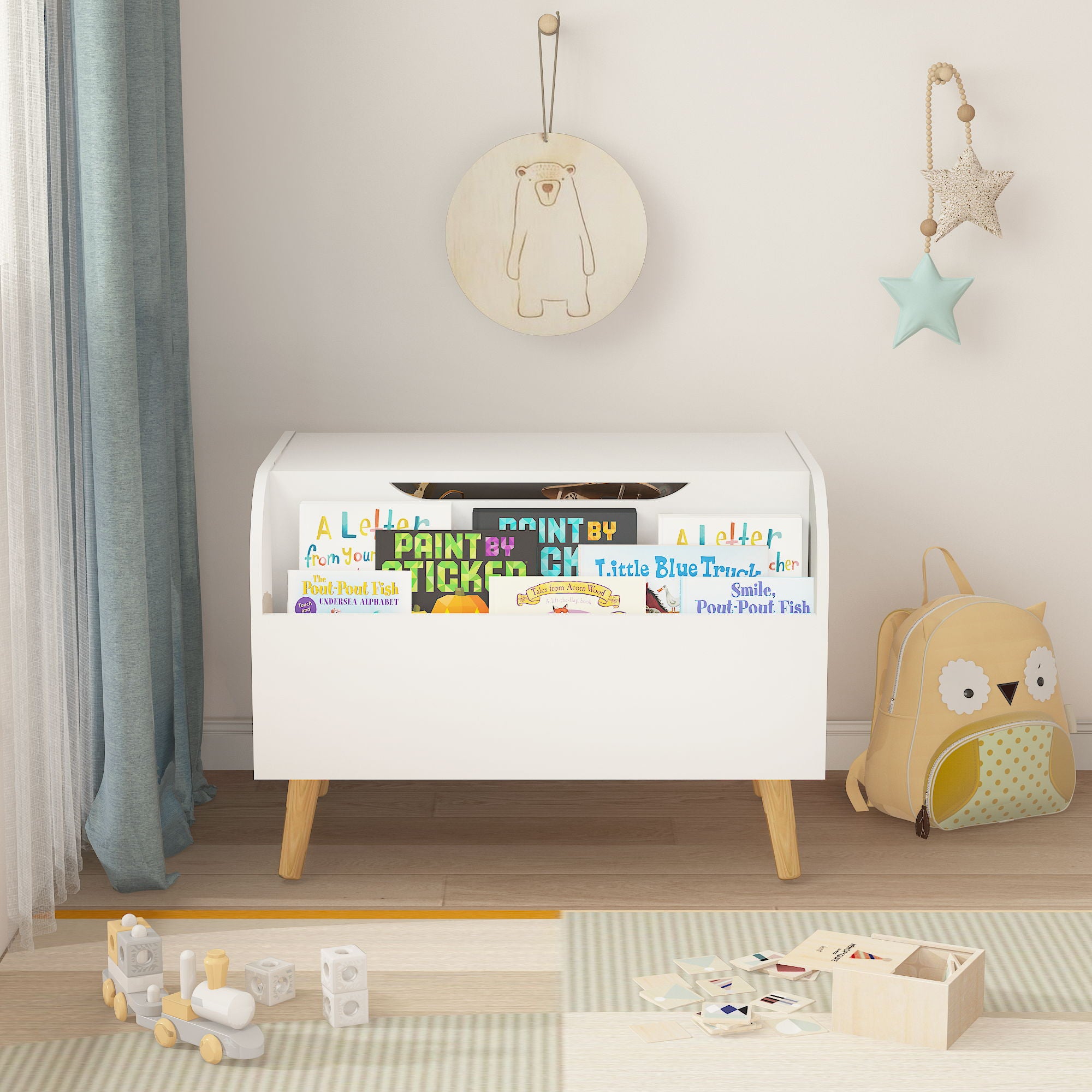 Toy Box With Front Bookshelf, Flip Top Lid, Safety Hinge For Kids Room Organization - White