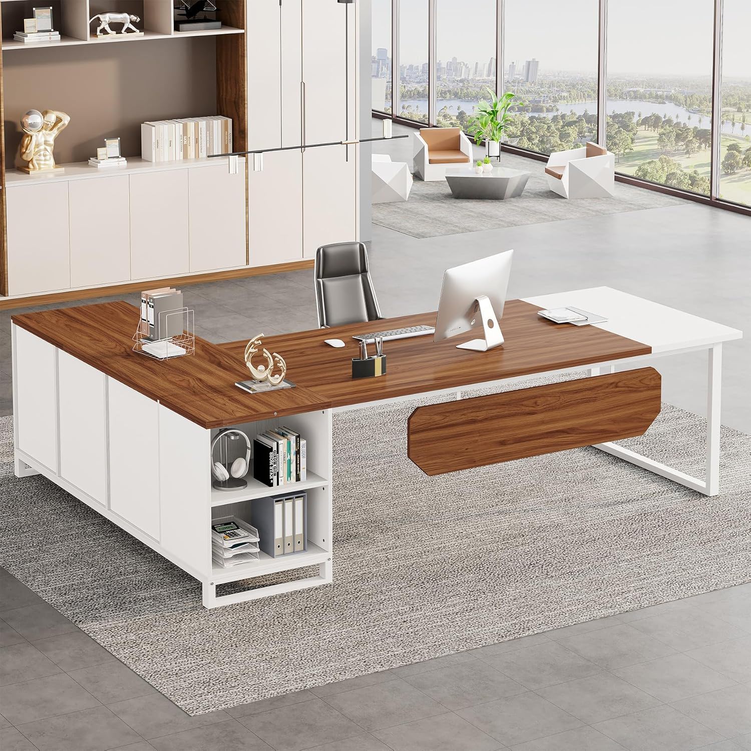 L-Shaped Executive Desk With File Cabinet, Large Workspace For Home Office - White / Walnut