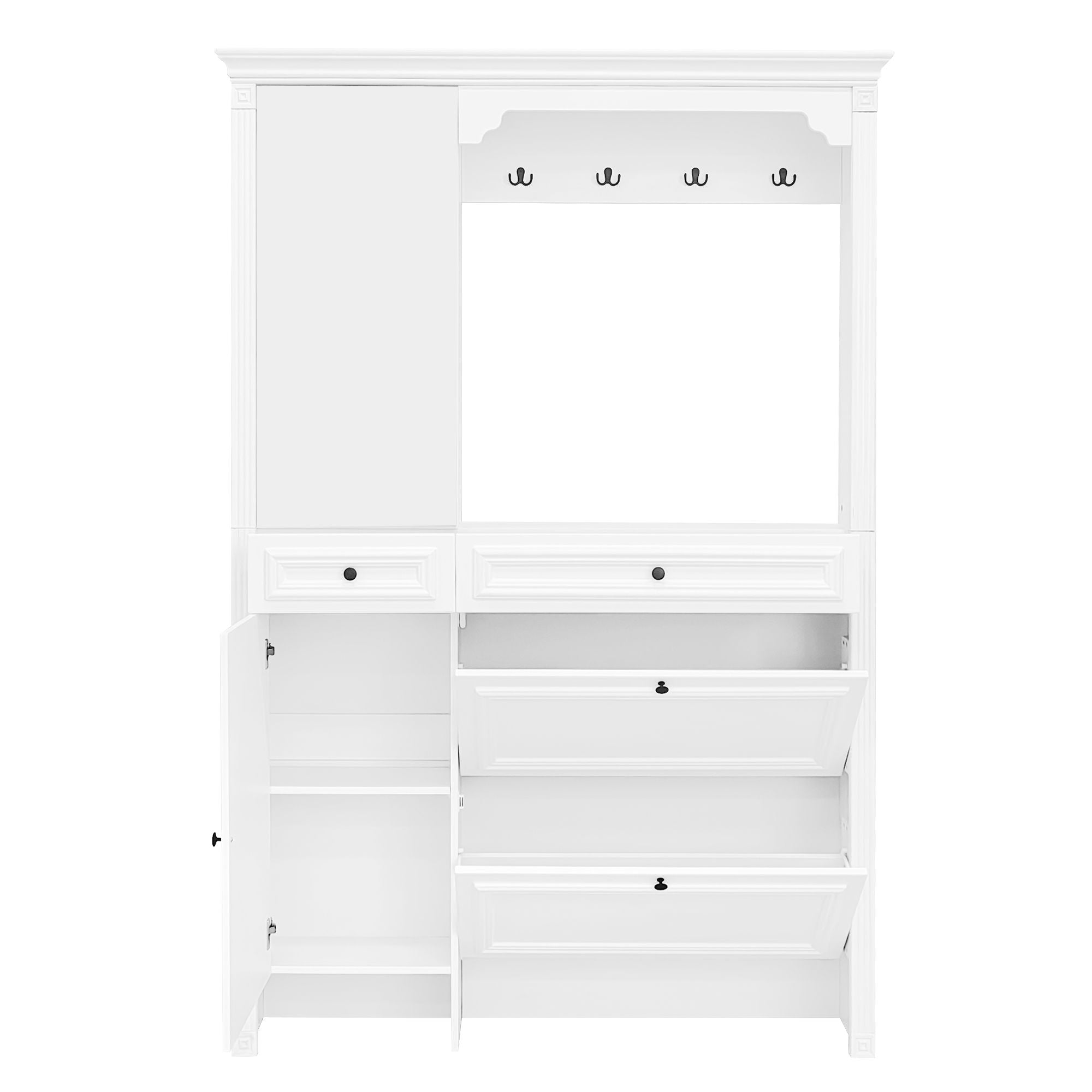 Hall Tree With Integrated Shoe Cabinet And Mirrored Cabinet Door, Coat Hanger, Entryway Bench, 4 In 1 Design, 2 Flip Drawers, 4 Hooks And 2 Cabinets For Entrance, Living Room - White