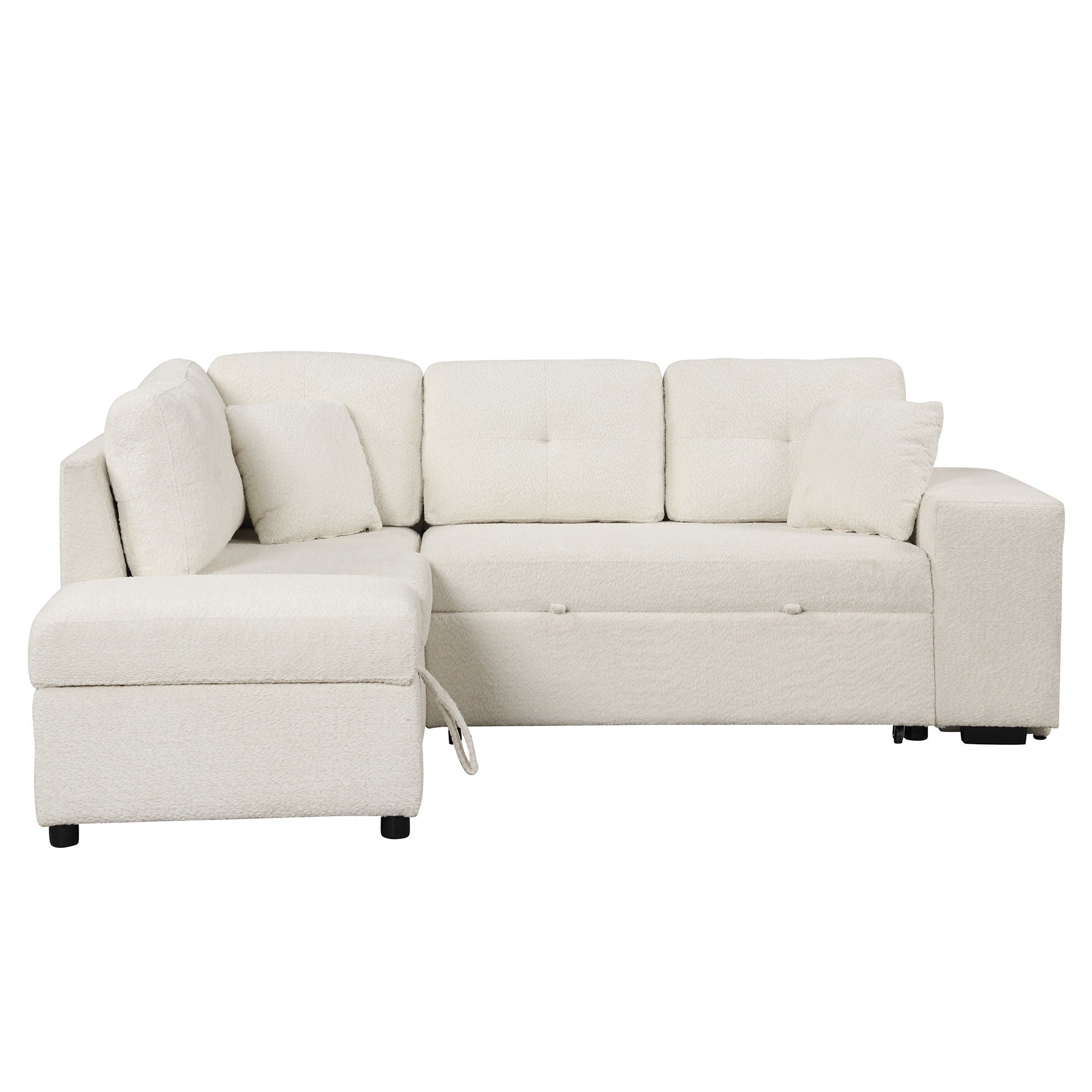 Convertible Sleeper, Sectional Pull Out Sofa Bed With Storage Ottoman, 2 Throw Pillows, 2 Stools, Wireless Charger And Two Hidden USB Ports For Living Room