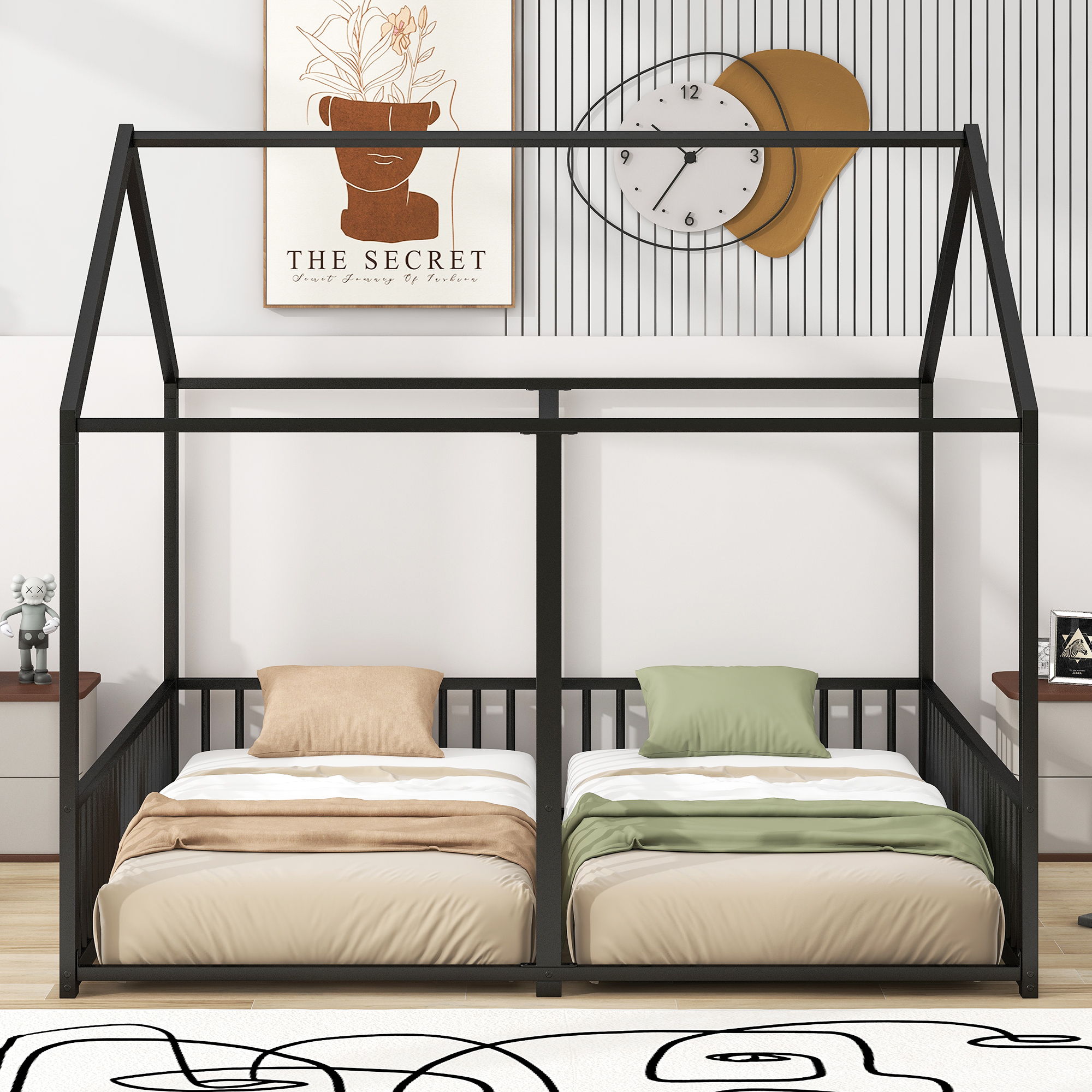 House Platform Beds, 2 Shared Beds, Metal Frame With Guardrails