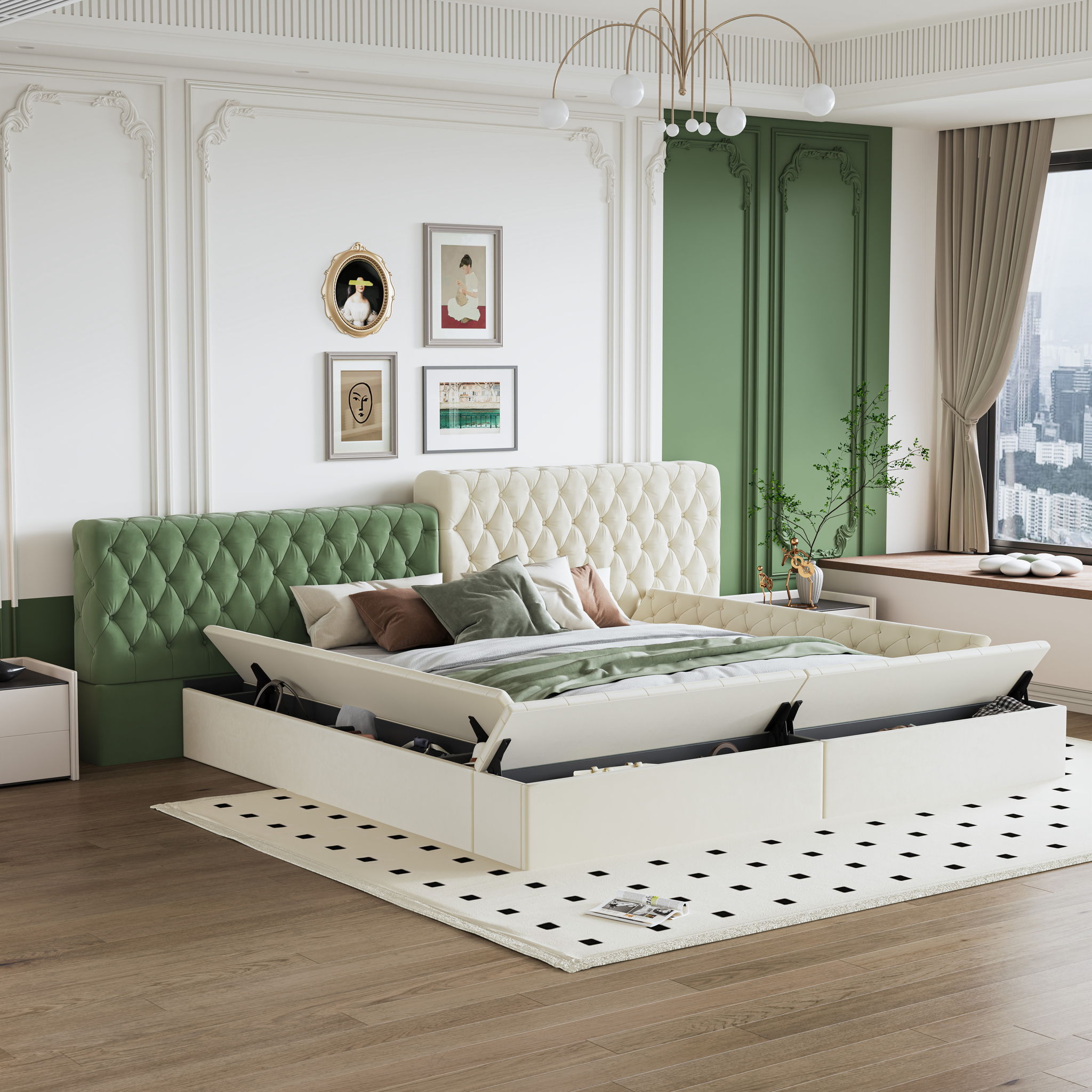 Modern Upholstered Platform Bed With Storage Space, Sturdy And Stable Solid Wood Frame