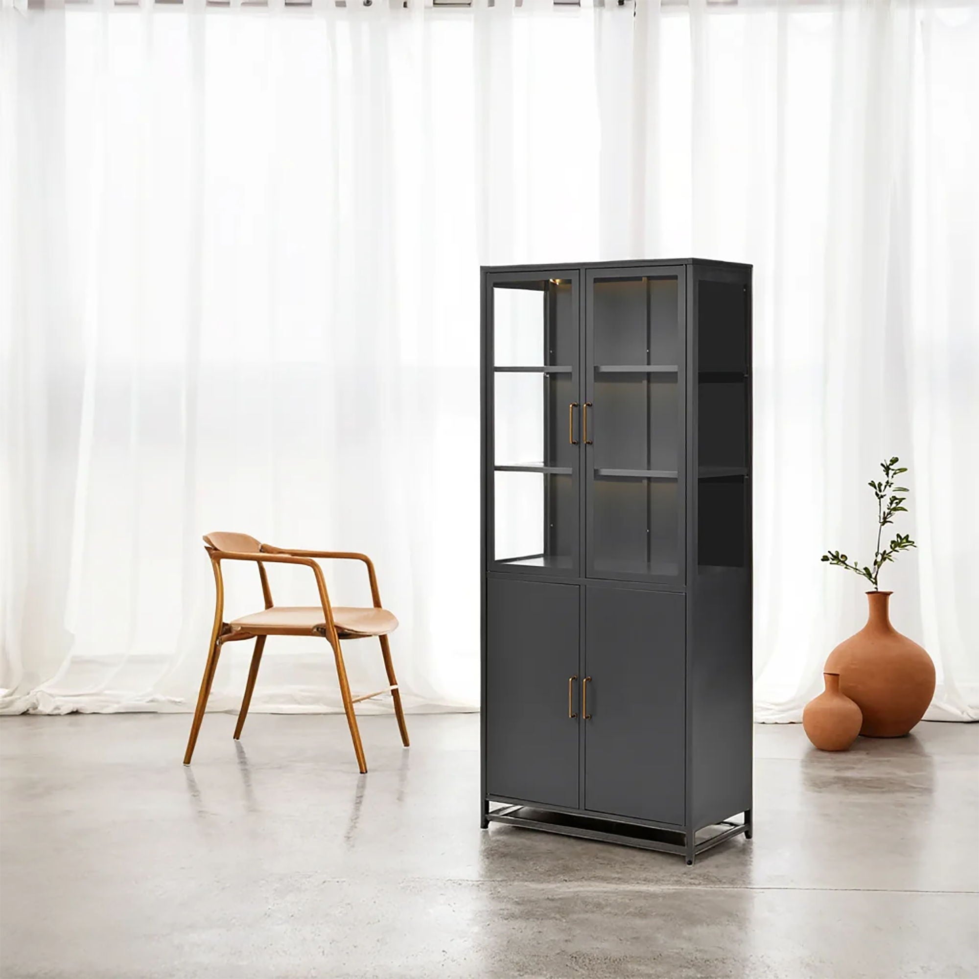 Modern Style Tall Steel Display Cabinet With Double Glass Doors, LED Lights