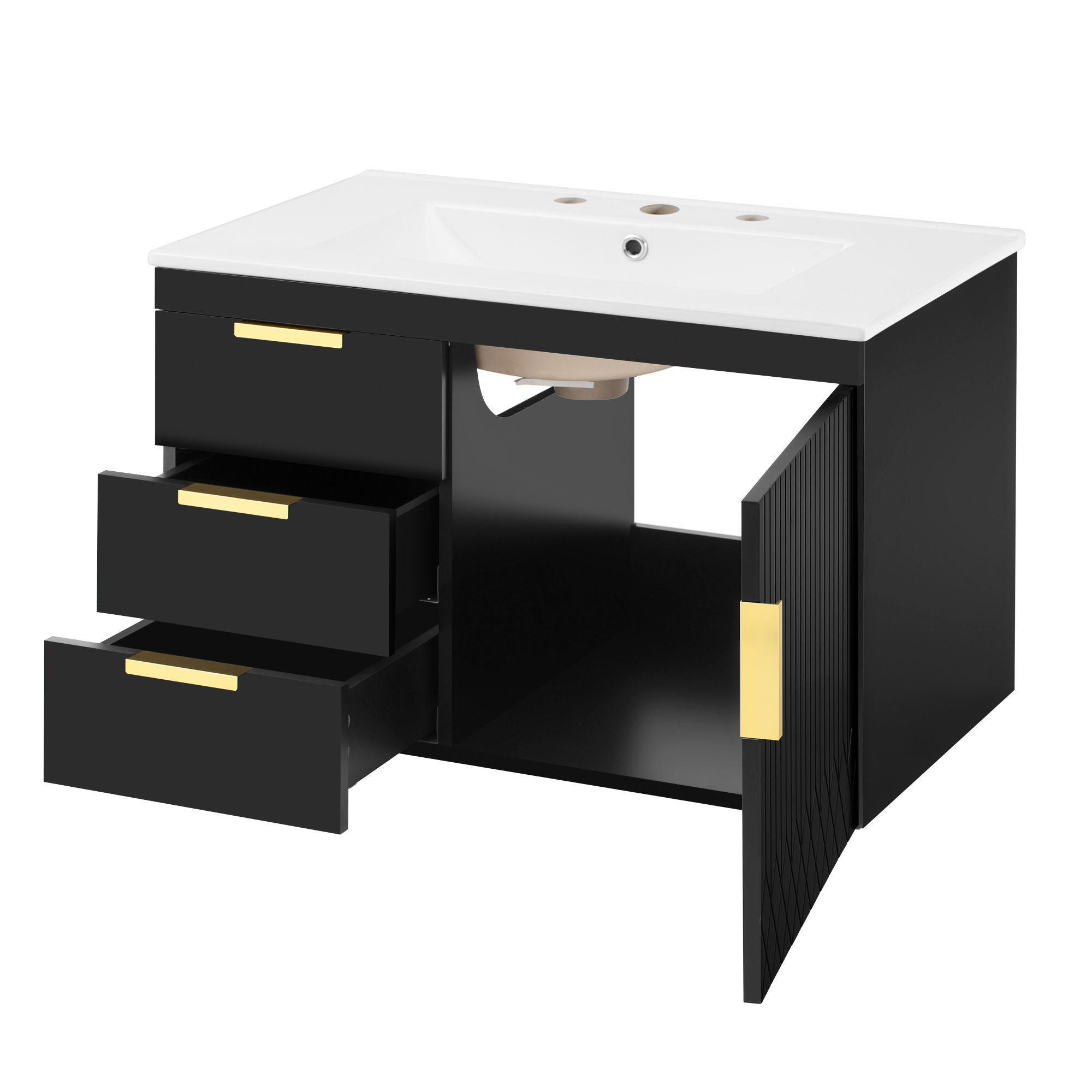 Modern Wall Mounted Bathroom Cabinet With Ceramic Sink, Soft-Closing Drawer And Door