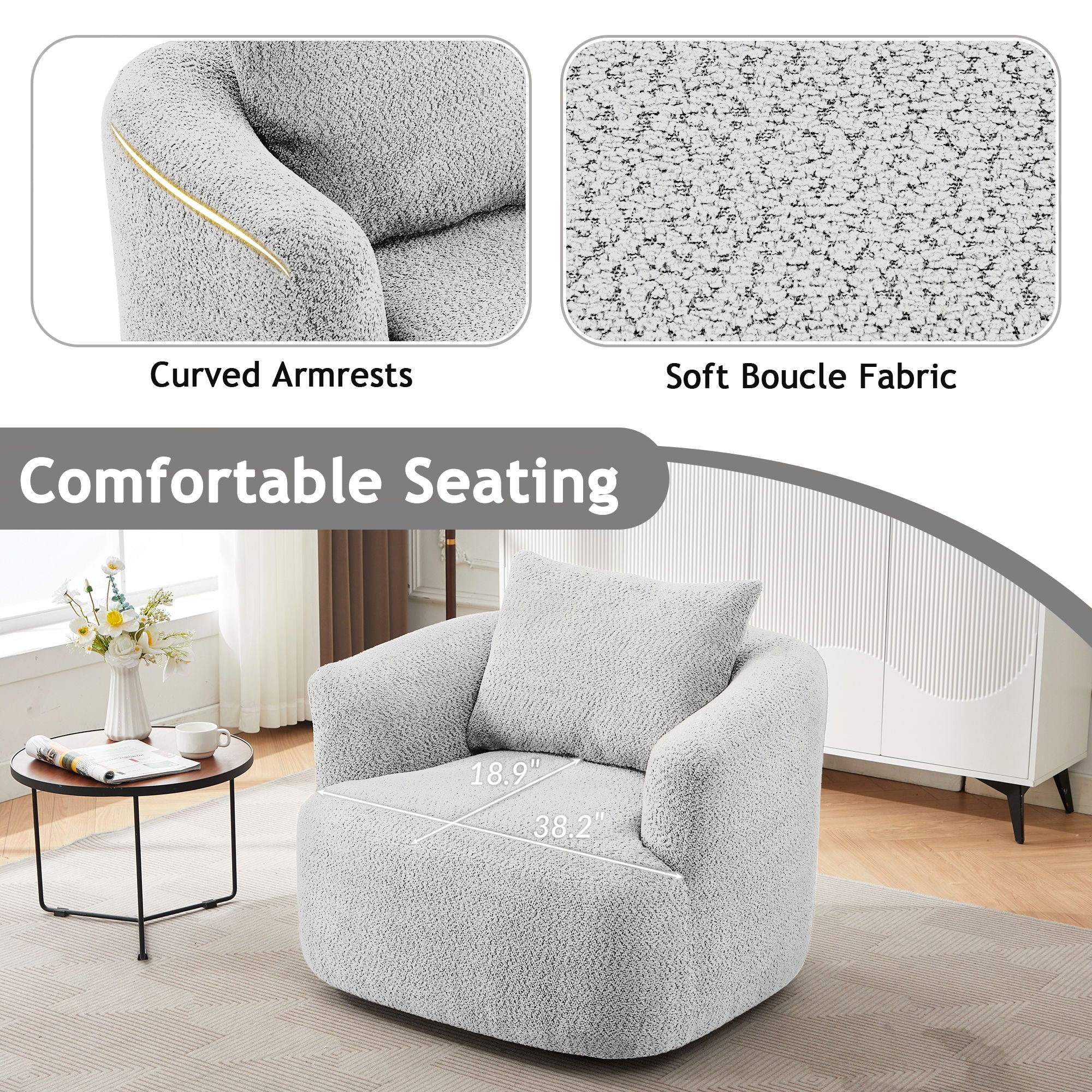 360° Swivel Barrel Sofa Chair With Throw Pillow, Chenille Upholstered Accent Chair