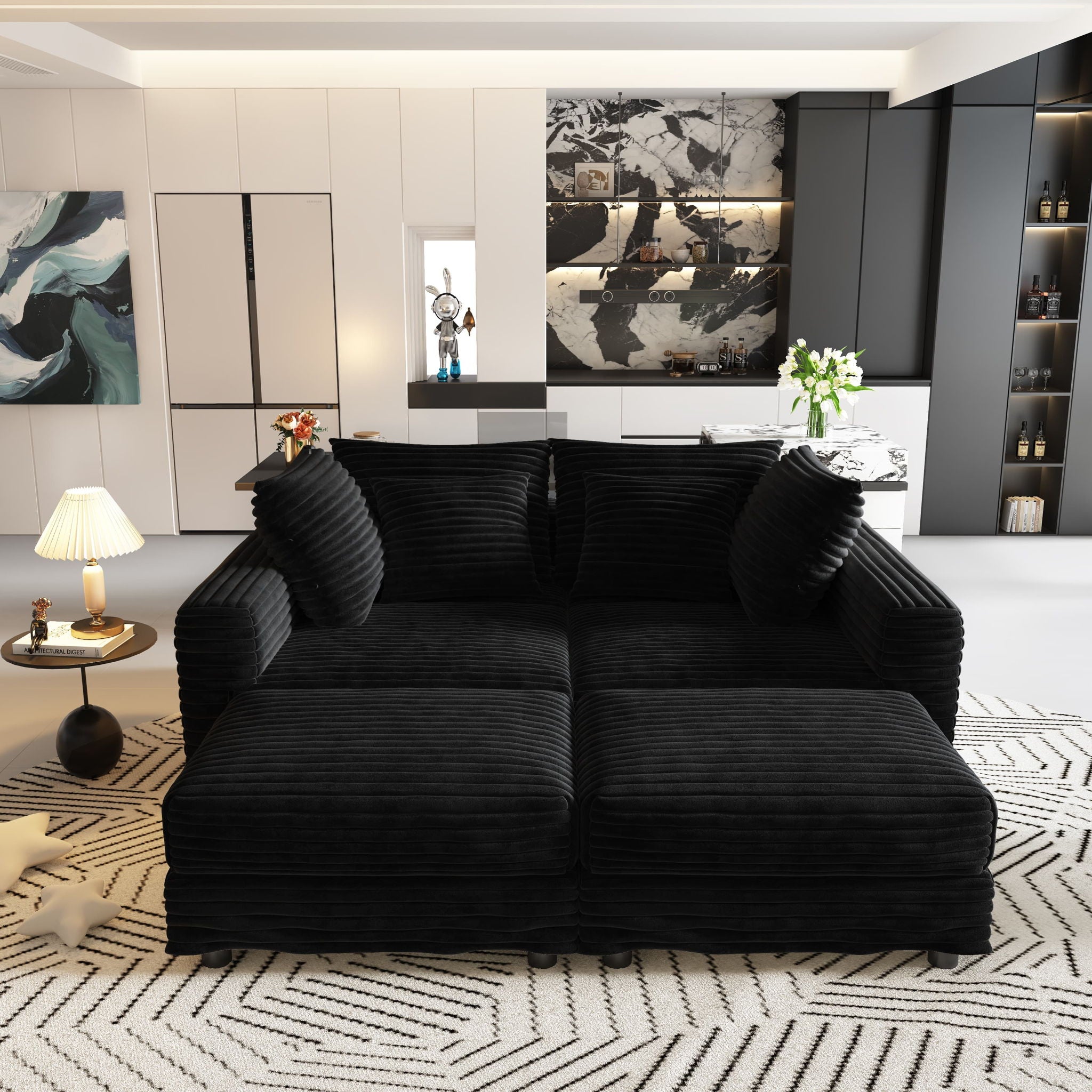 Deep Seat Convertible Sofa With Soft Pillows And Ottomans