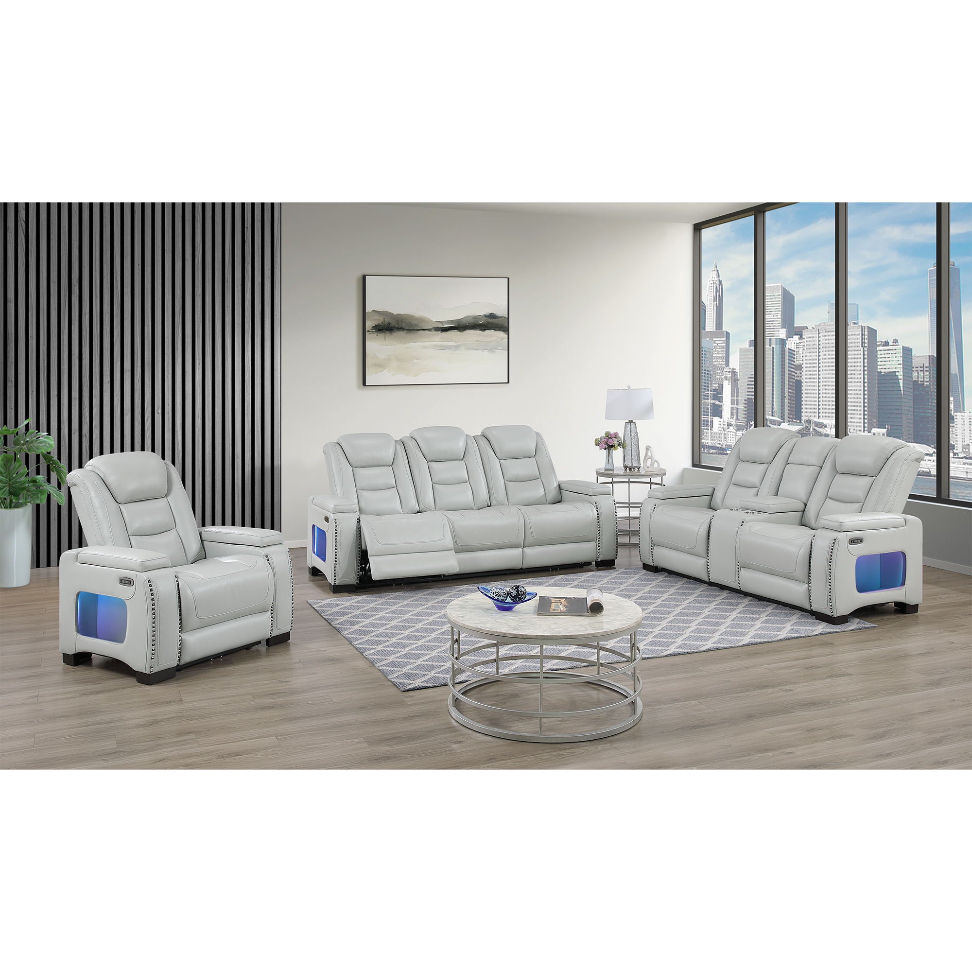 Power Sofa With USB LED Headrest, Bookshelf Arms, And Storage - Grey