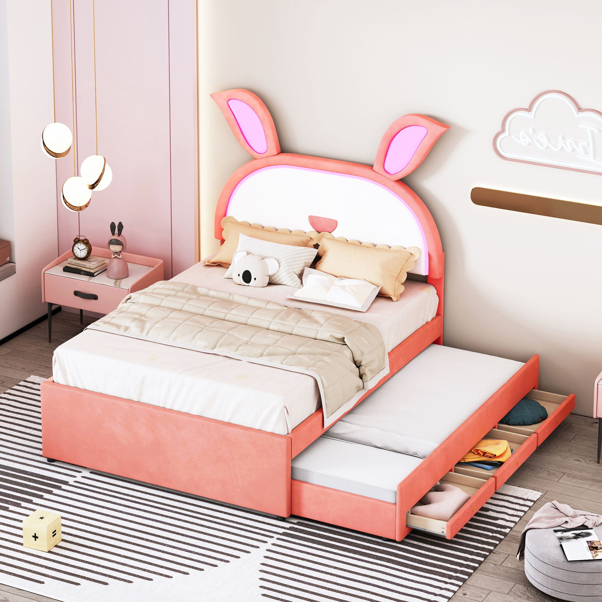 Upholstered Platform Bed With Trundle And 3 Drawers, Rabbit-Shaped Headboard With Embedded LED Lights