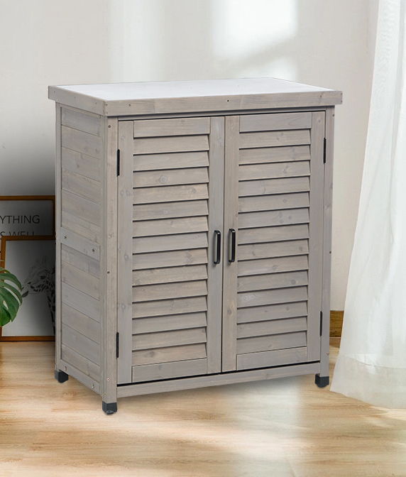 Potting Bench With Storage Cabinet And Metal Table Top For Outdoor