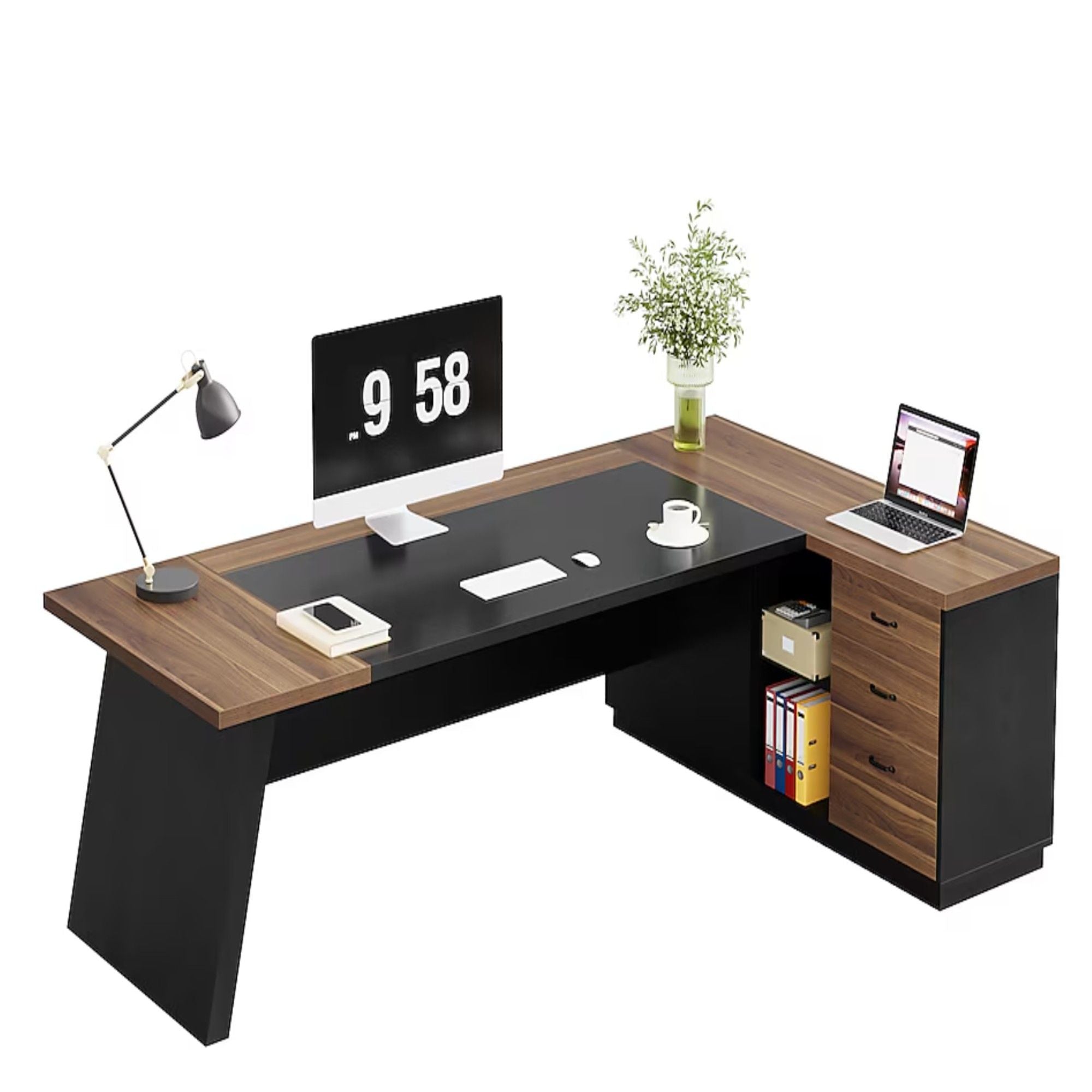 L-Shaped Executive Desk With File Cabinet & Drawers, Large Home Office Computer Workstation