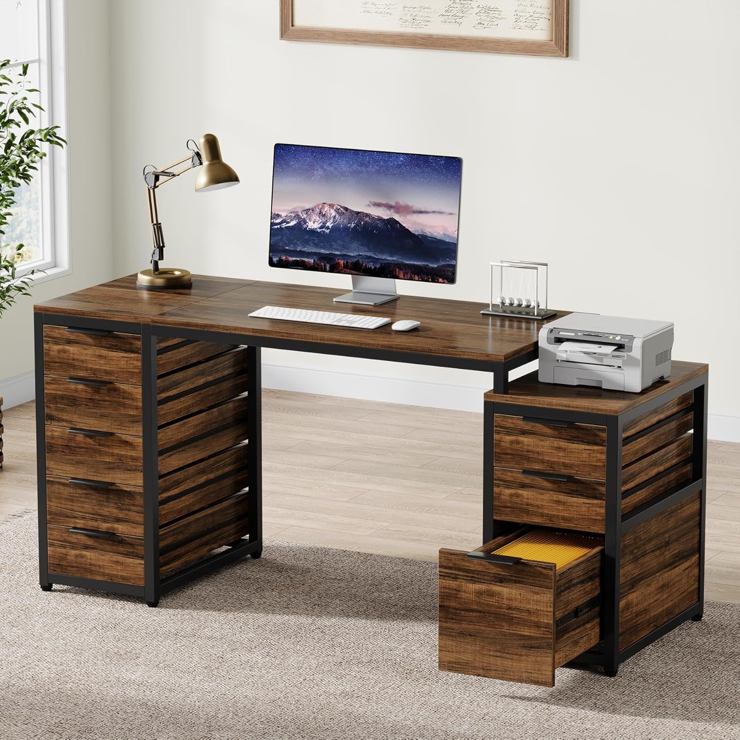 Computer Desk With 8 Drawers And Reversible File Cabinet, Workstation For Home Office - Brown / Black